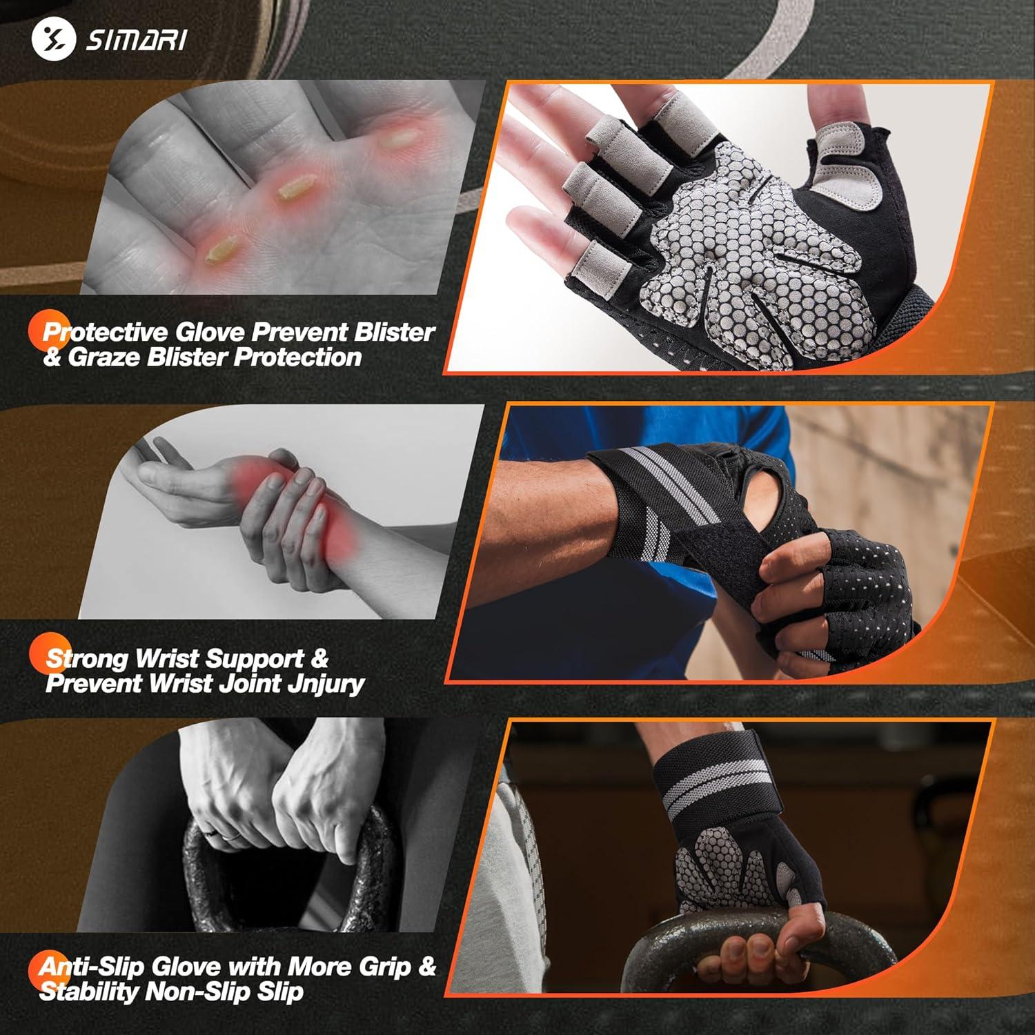 imageSIMARI Breathable Workout Gloves for Men Women Padded Weight Lifting Gloves with Wrist Wraps Support Full Palm Protection Grip for Gym Training Fitness Weightlifting Exercise Fingerless Black1aAshy Black