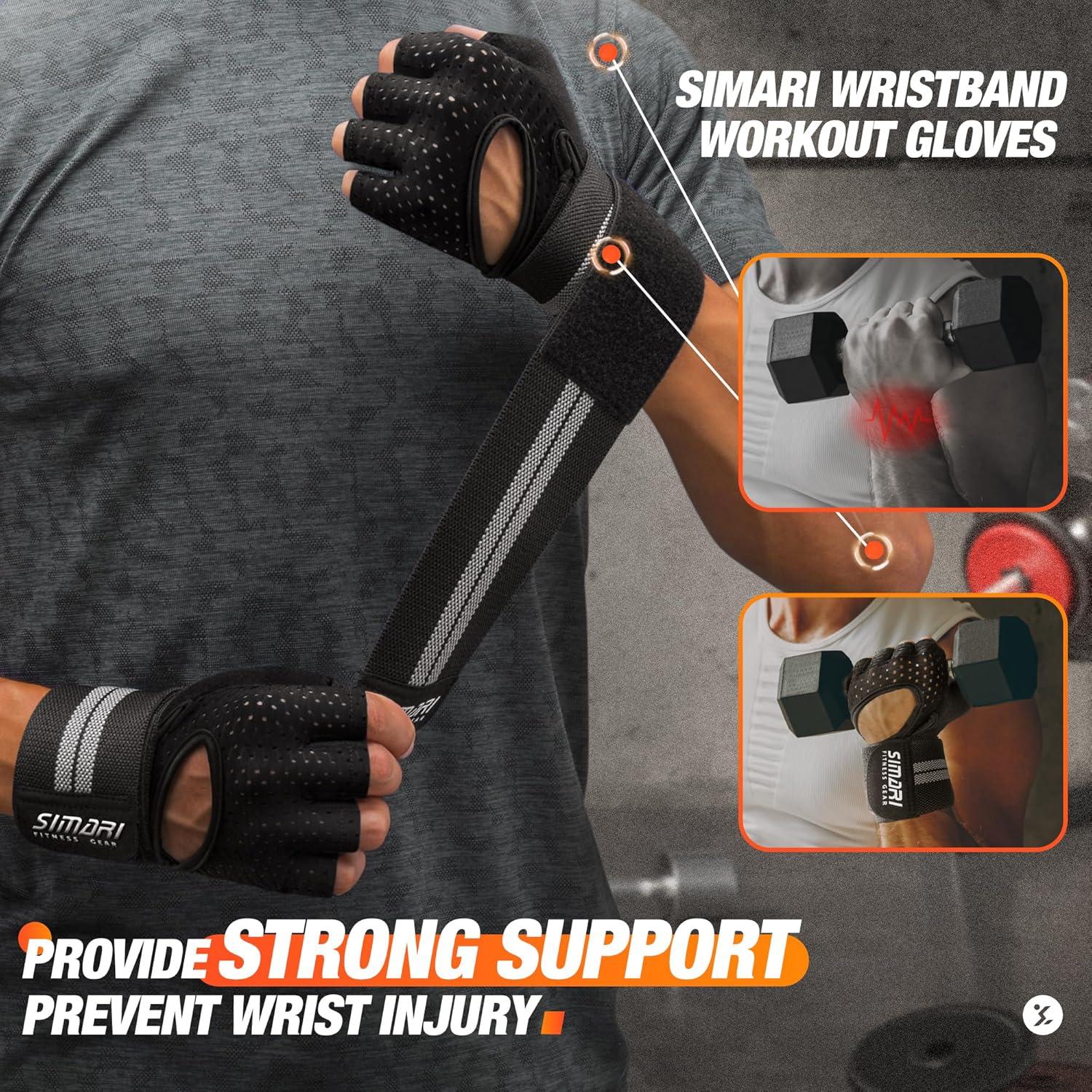 imageSIMARI Breathable Workout Gloves for Men Women Padded Weight Lifting Gloves with Wrist Wraps Support Full Palm Protection Grip for Gym Training Fitness Weightlifting Exercise Fingerless Black1aAshy Black