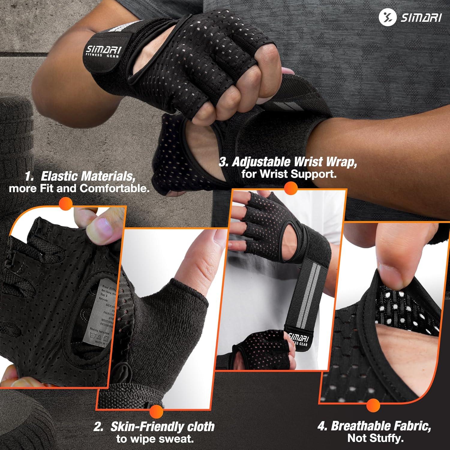 imageSIMARI Breathable Workout Gloves for Men Women Padded Weight Lifting Gloves with Wrist Wraps Support Full Palm Protection Grip for Gym Training Fitness Weightlifting Exercise Fingerless Black1aAshy Black
