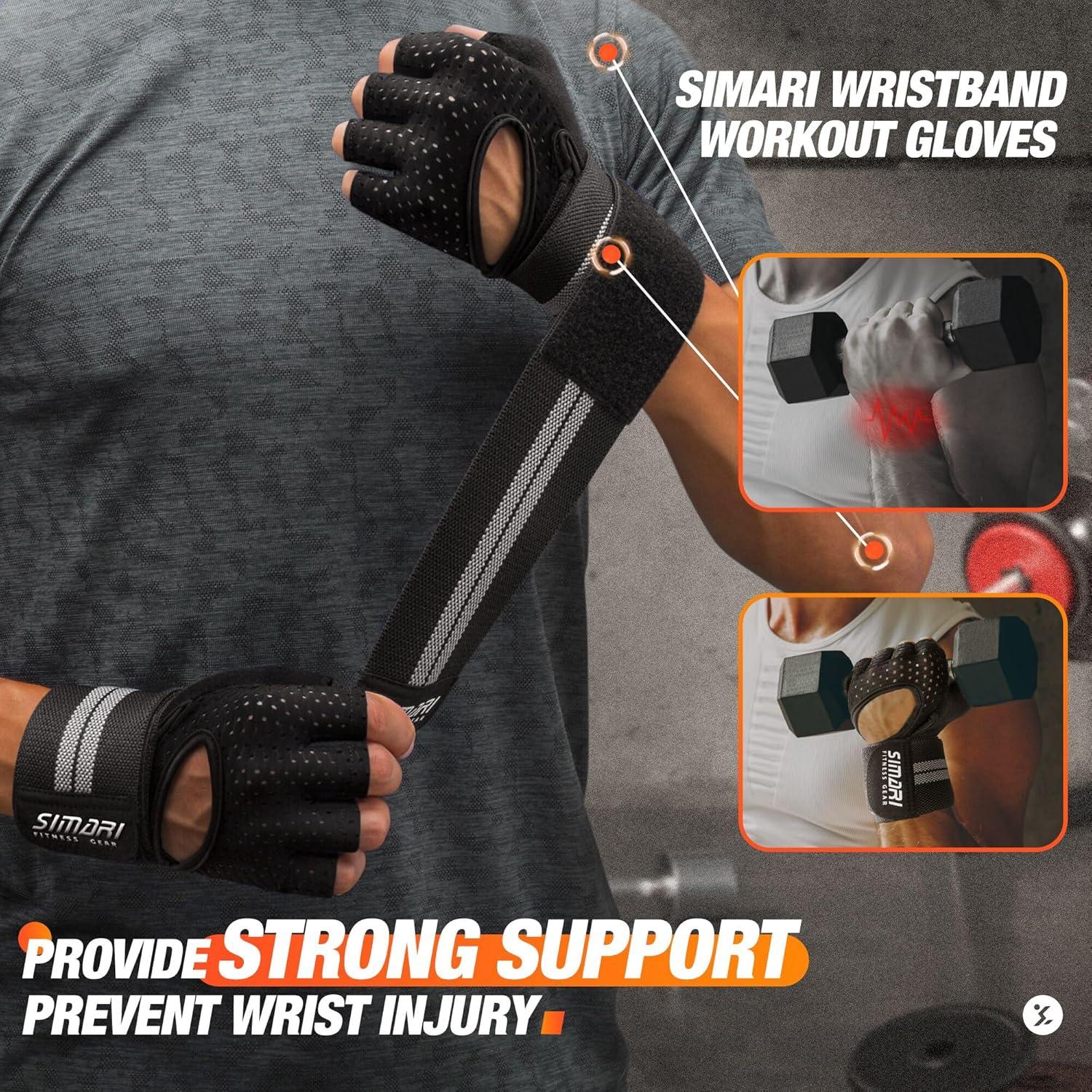 imageSIMARI Breathable Workout Gloves for Men Women Padded Weight Lifting Gloves with Wrist Wraps Support Full Palm Protection Grip for Gym Training Fitness Weightlifting Exercise Fingerless Black1aAshy Black