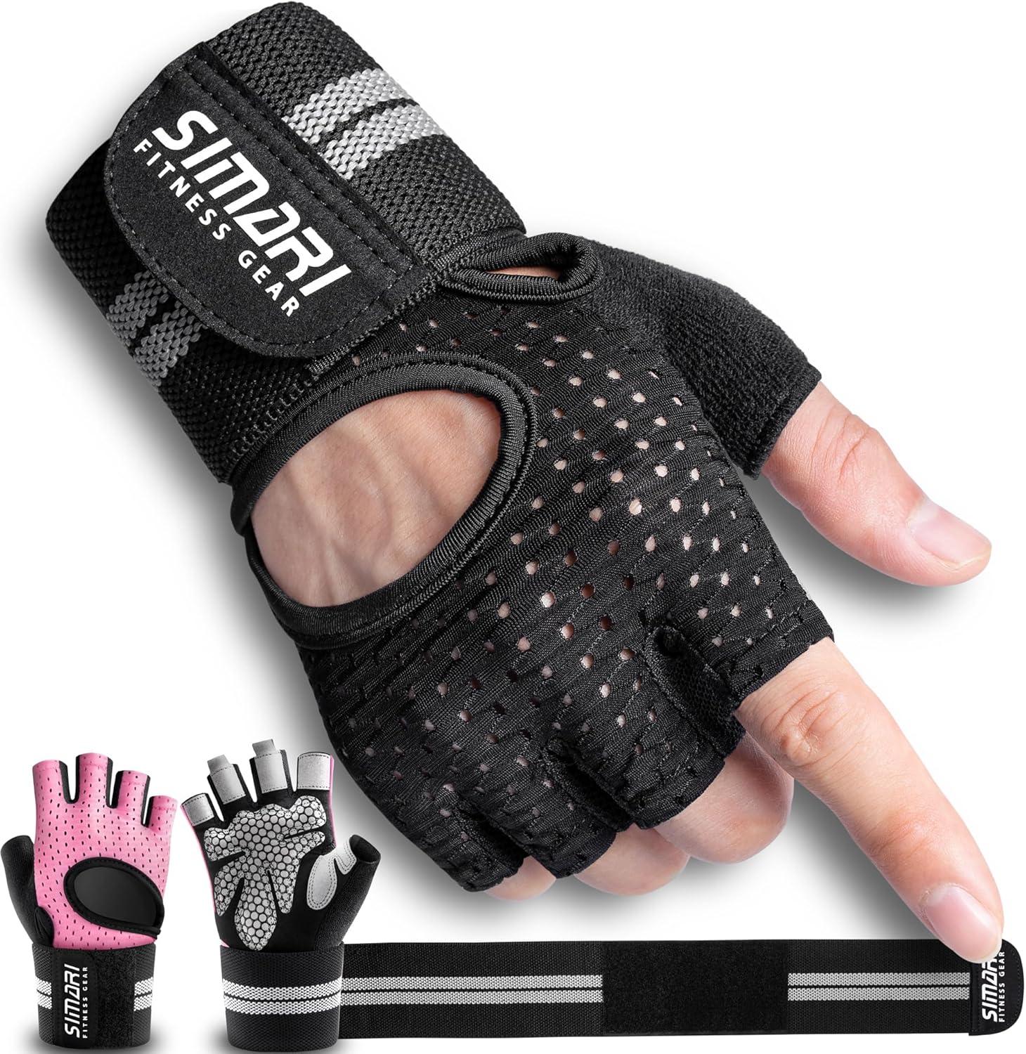 imageSIMARI Breathable Workout Gloves for Men Women Padded Weight Lifting Gloves with Wrist Wraps Support Full Palm Protection Grip for Gym Training Fitness Weightlifting Exercise Fingerless Black1aAshy Black