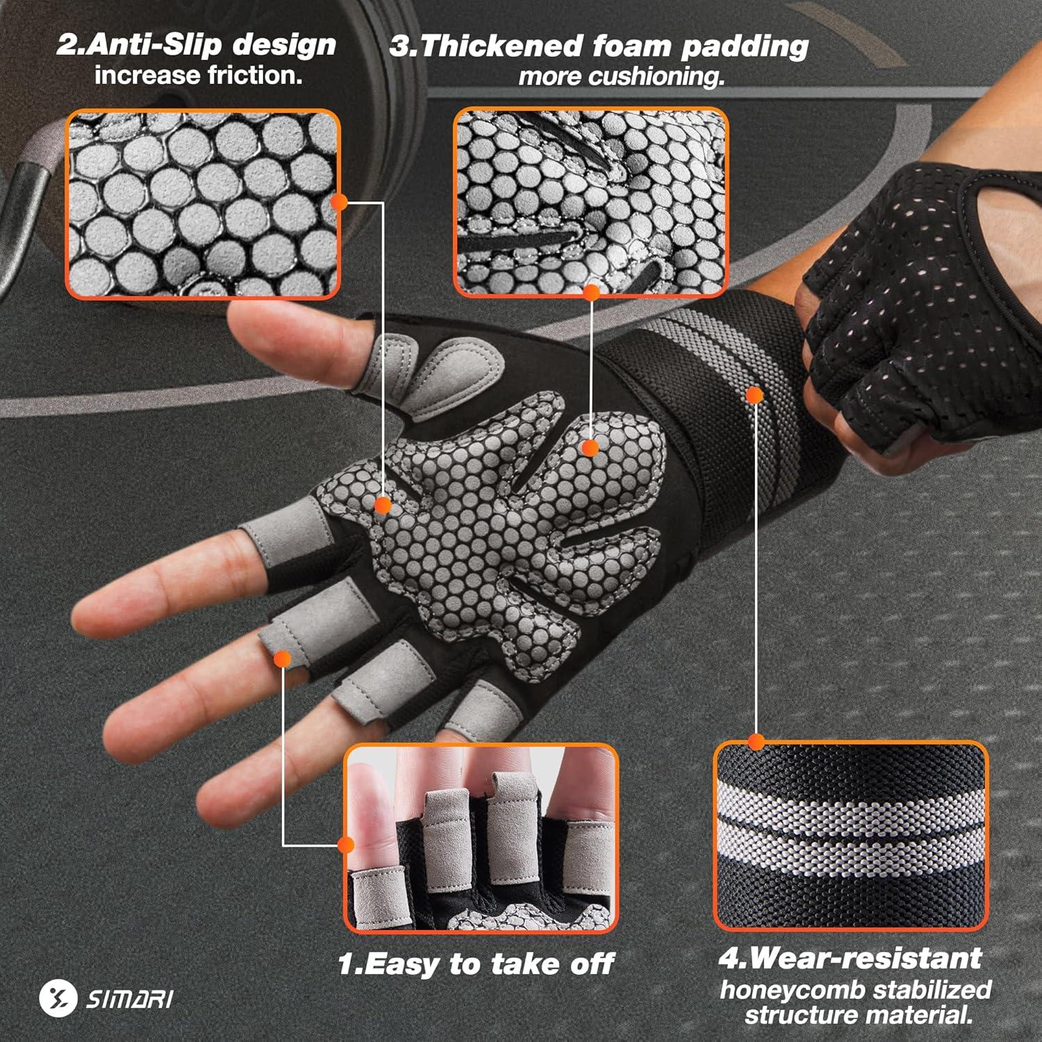 imageSIMARI Breathable Workout Gloves for Men Women Padded Weight Lifting Gloves with Wrist Wraps Support Full Palm Protection Grip for Gym Training Fitness Weightlifting Exercise Fingerless Black1aAshy Black