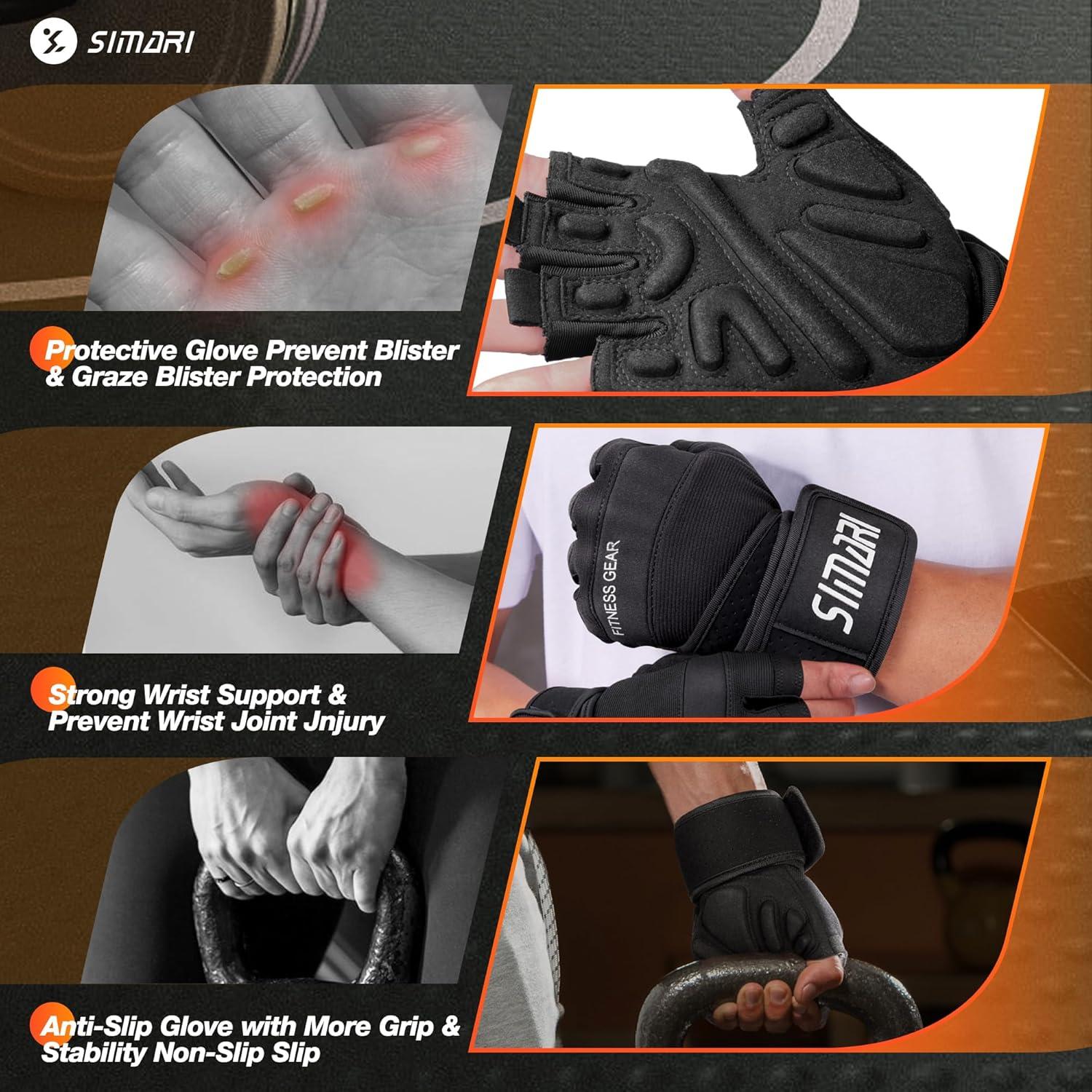 imageSIMARI Padded Workout Gloves for Men and Women Ventilated Weight Lifting Gloves with Wrist Wraps Support Full Palm Protection Great Grip for Gym Training Fitness Weightlifting Exercise