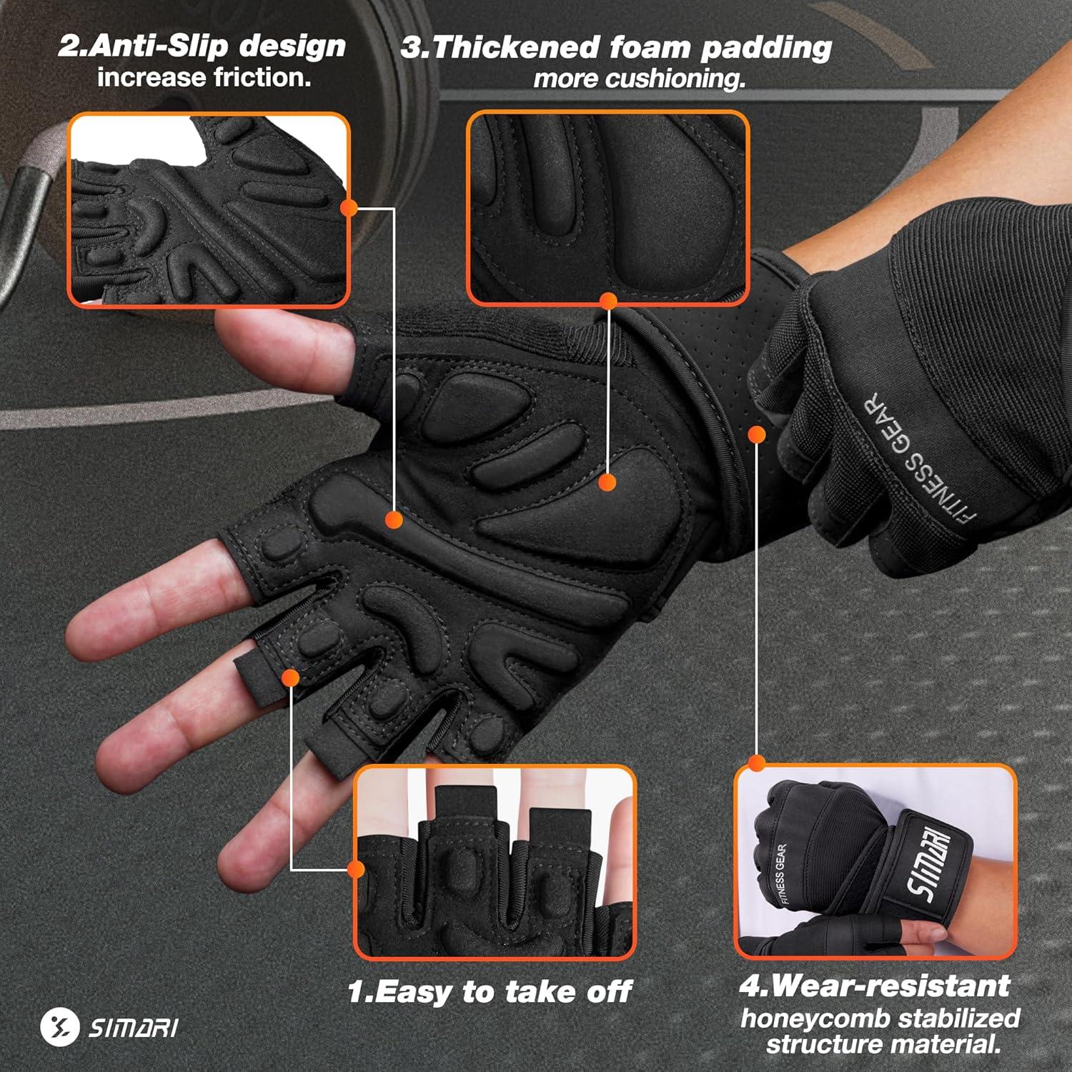 imageSIMARI Padded Workout Gloves for Men and Women Ventilated Weight Lifting Gloves with Wrist Wraps Support Full Palm Protection Great Grip for Gym Training Fitness Weightlifting Exercise