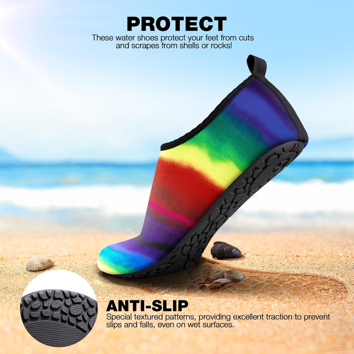 imageSIMARI Water Shoes Women Men Aqua Socks Beach Barefoot Quick Drying Aqua Aerobics Swim Pool Non Slip Outdoor Travel Essentials Surf River Lake Snorkeling Kayak Yoga Adult Youth3arainbow Striped