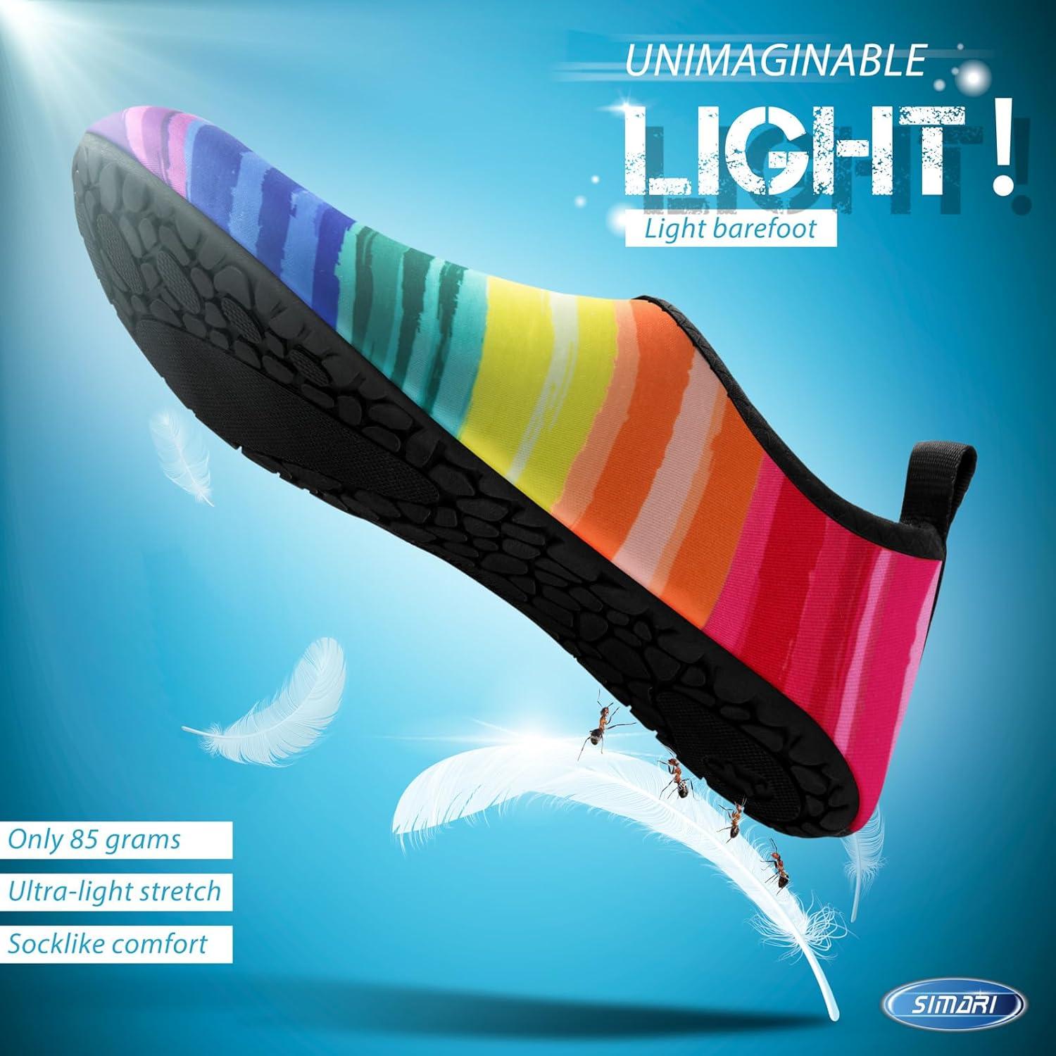 imageSIMARI Water Shoes for Women Men Swim Aqua Socks Beach Pool Essentials Barefoot Surf River Boat Kayak Sea Yoga Sand Exercise Sport Accessories Breathable QuickDry Adult Youth Kid Size SWS0011prainbow Striped