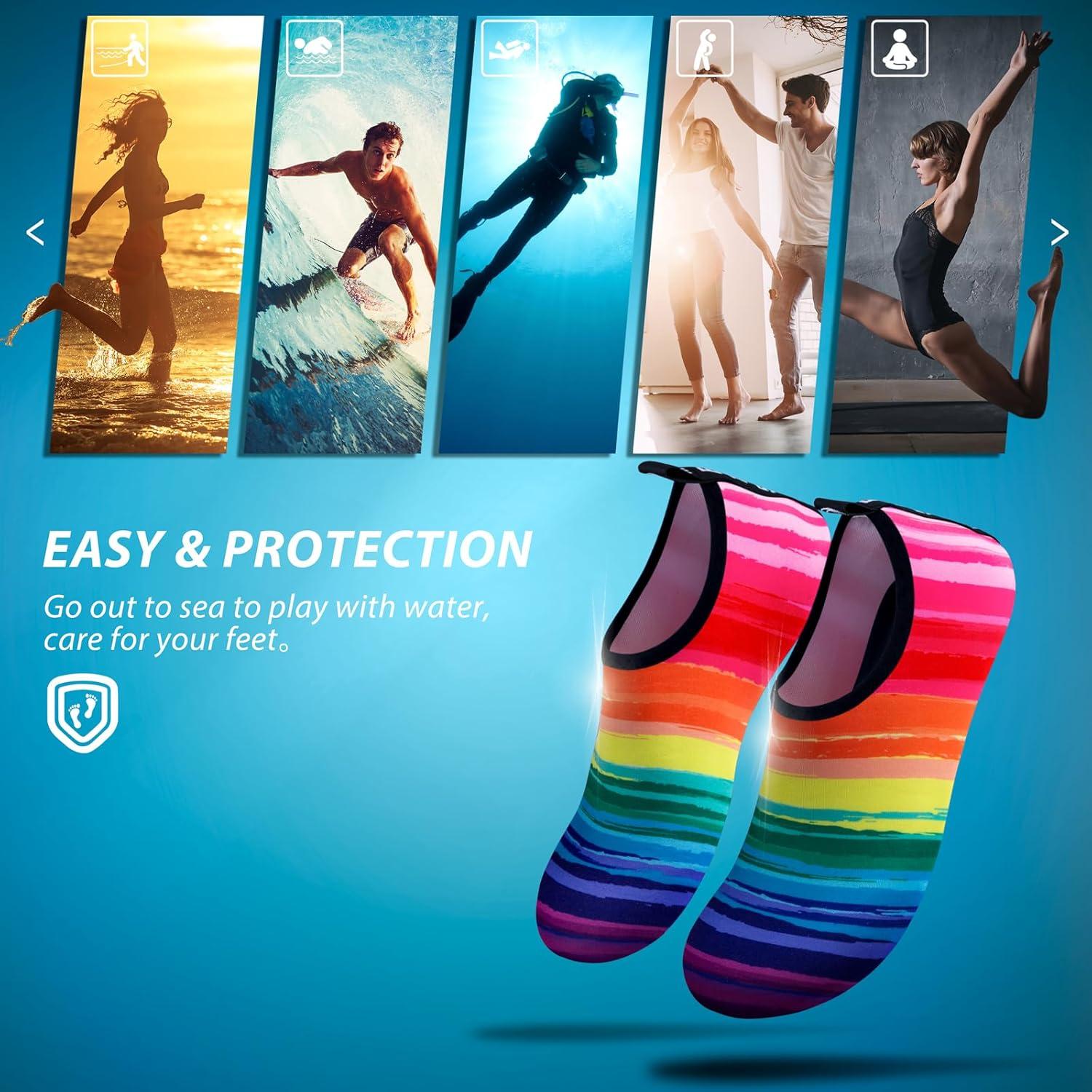 imageSIMARI Water Shoes for Women Men Swim Aqua Socks Beach Pool Essentials Barefoot Surf River Boat Kayak Sea Yoga Sand Exercise Sport Accessories Breathable QuickDry Adult Youth Kid Size SWS0011prainbow Striped