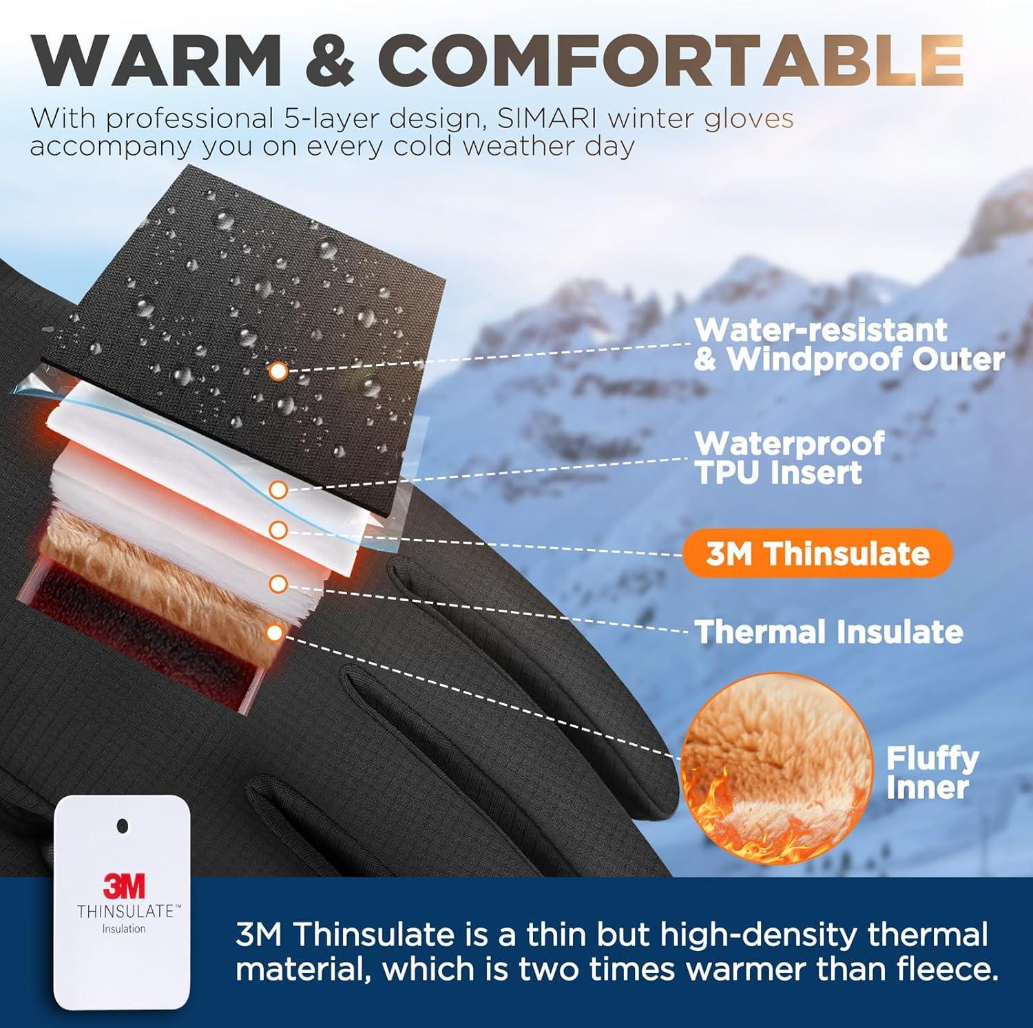 imageSIMARI Winter Gloves Men Women Warm Waterproof Thermal Ski Snow Touchscreen Glove for Cold Weather Running Skiing Riding Black Large