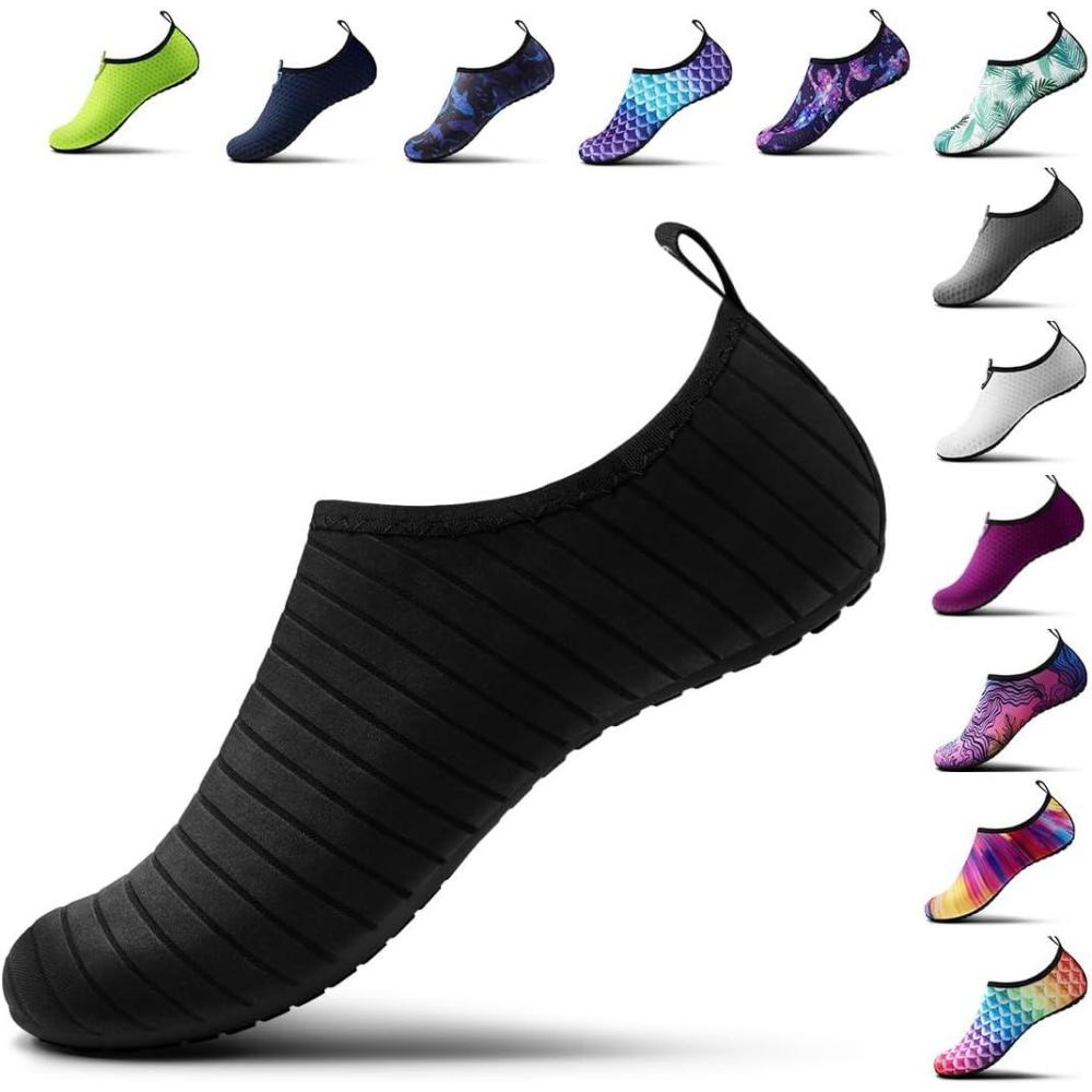 imageSIMARI Water Shoes for Women Men Swim Aqua Socks Beach Pool Essentials Barefoot Surf River Boat Kayak Sea Yoga Sand Exercise Sport Accessories Breathable QuickDry Adult Youth Kid Size SWS0013astripe Blcak