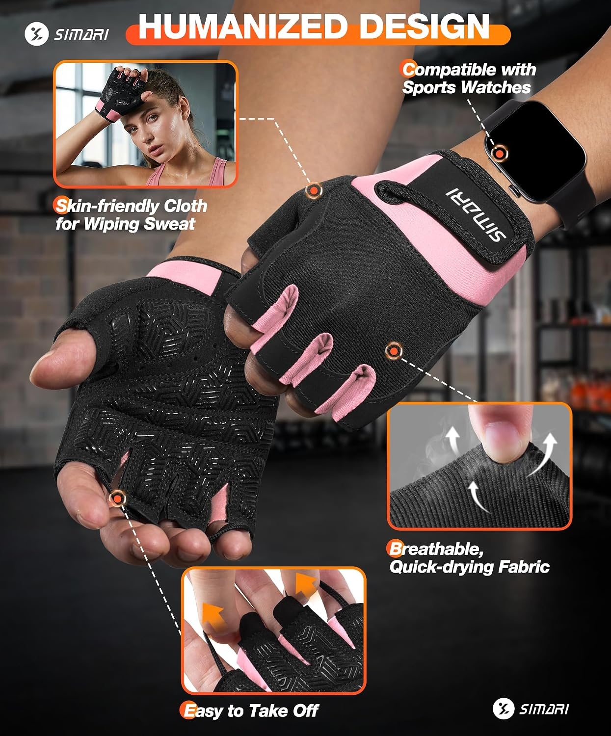 image:imageSIMARI Breathable Workout Gloves with Cushion PadGripReduce Calluses Weight Lifting Gloves for Gym Exercise Cycling Weightlifting Training Fitness Pilates Kayaking Gift for Men amp Women2Pink