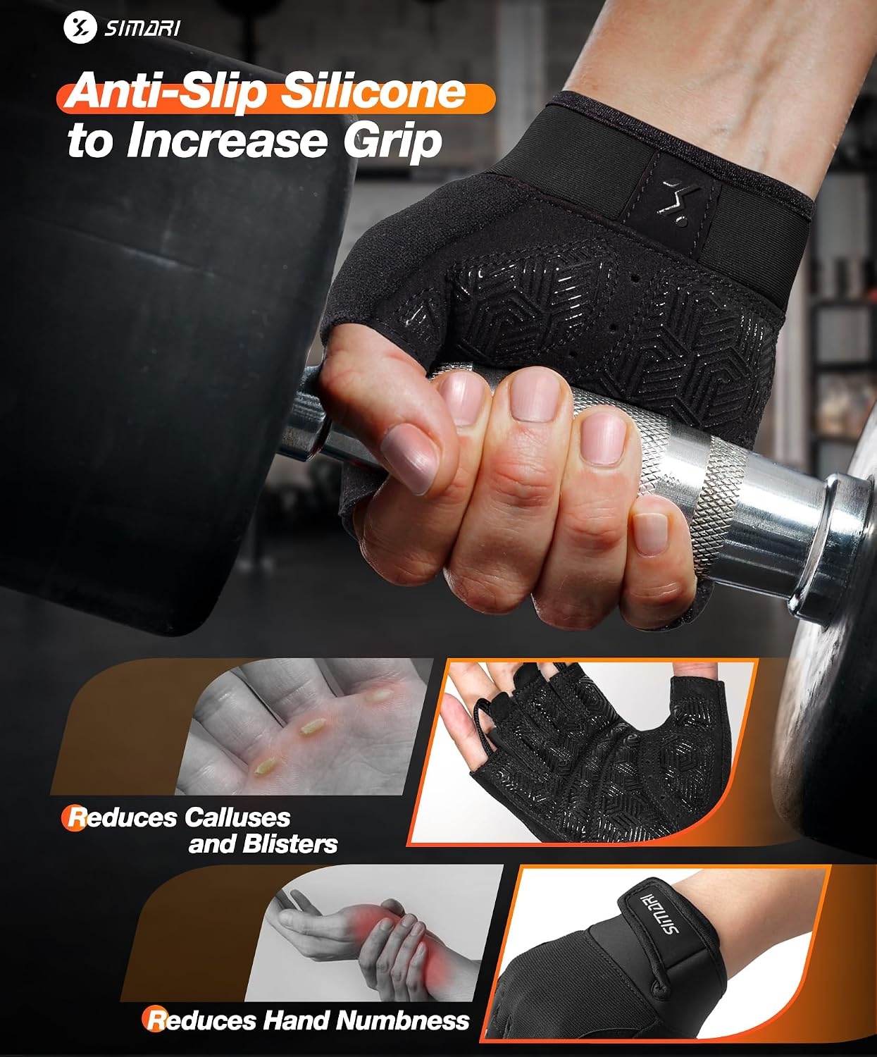 image:imageSIMARI Breathable Workout Gloves with Cushion PadGripReduce Calluses Weight Lifting Gloves for Gym Exercise Cycling Weightlifting Training Fitness Pilates Kayaking Gift for Men amp Women1Black