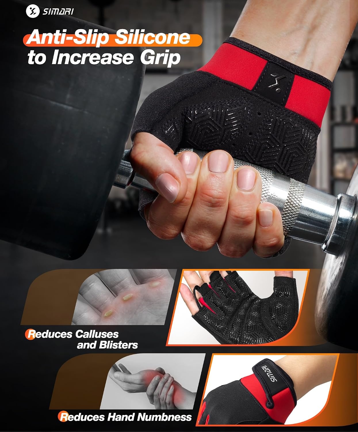 image:imageSIMARI Breathable Workout Gloves with Cushion PadGripReduce Calluses Weight Lifting Gloves for Gym Exercise Cycling Weightlifting Training Fitness Pilates Kayaking Gift for Men amp Women3Red