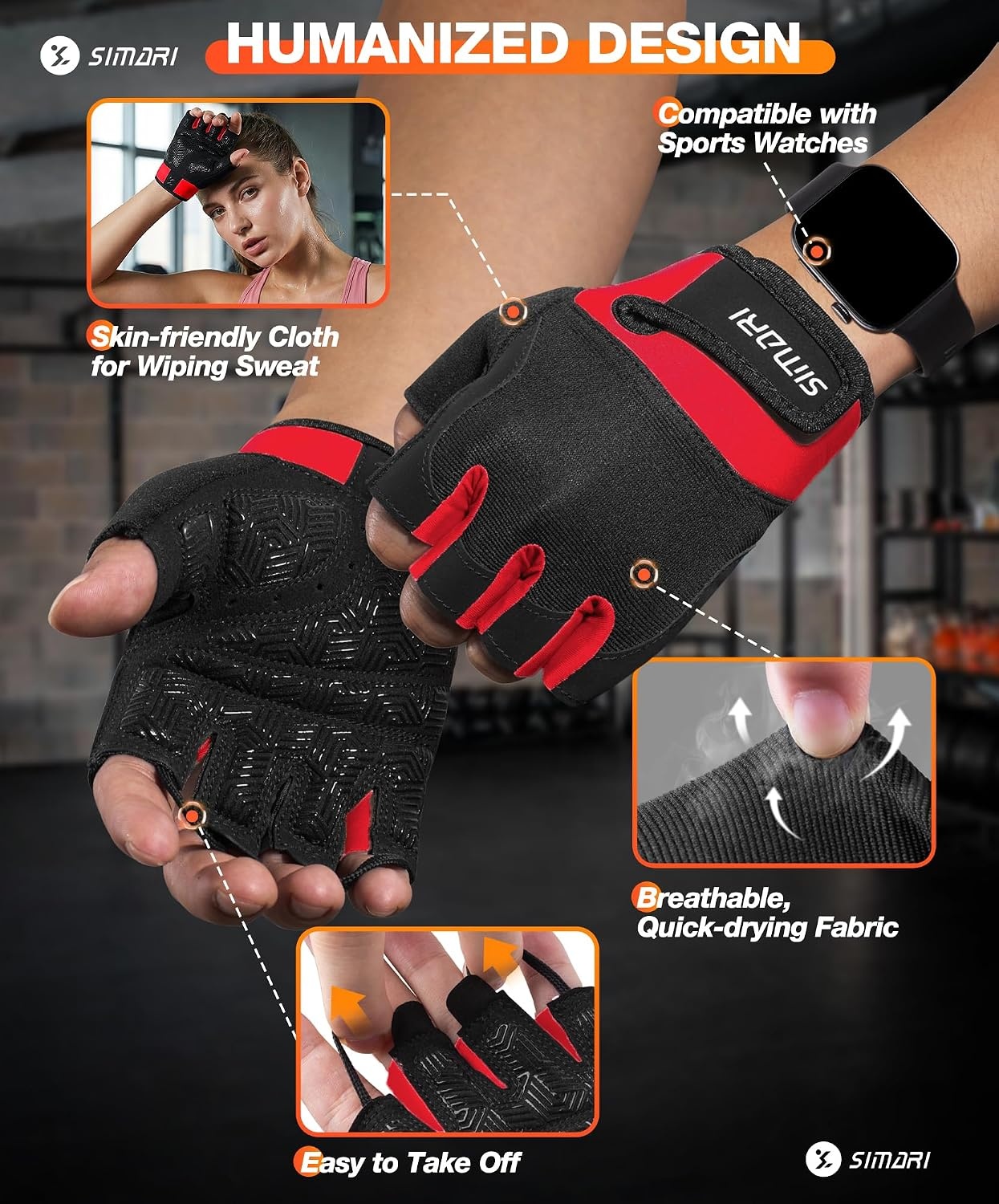 image:imageSIMARI Breathable Workout Gloves with Cushion PadGripReduce Calluses Weight Lifting Gloves for Gym Exercise Cycling Weightlifting Training Fitness Pilates Kayaking Gift for Men amp Women3Red