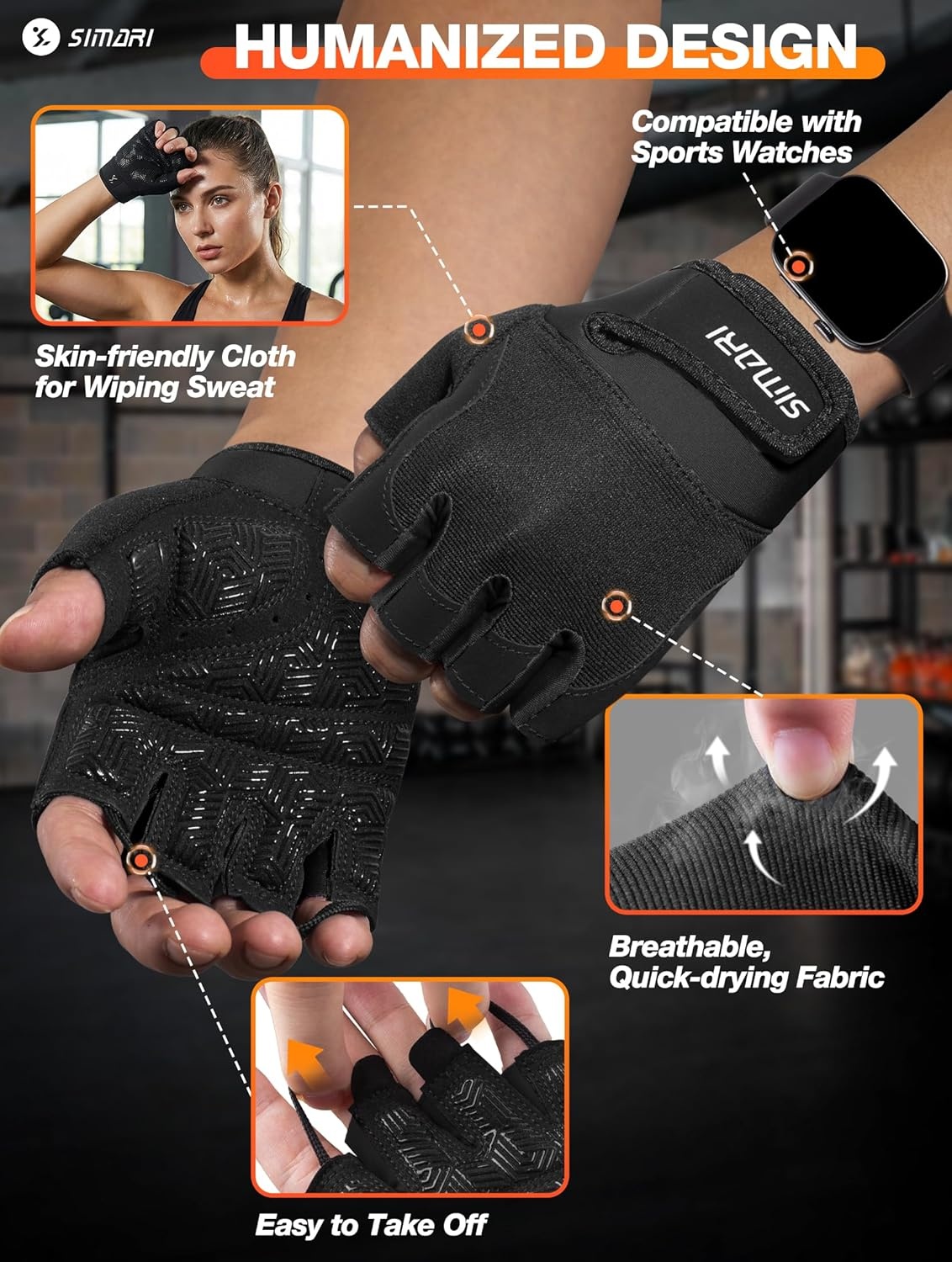 image:imageSIMARI Breathable Workout Gloves with Cushion PadGripReduce Calluses Weight Lifting Gloves for Gym Exercise Cycling Weightlifting Training Fitness Pilates Kayaking Gift for Men amp Women1Black