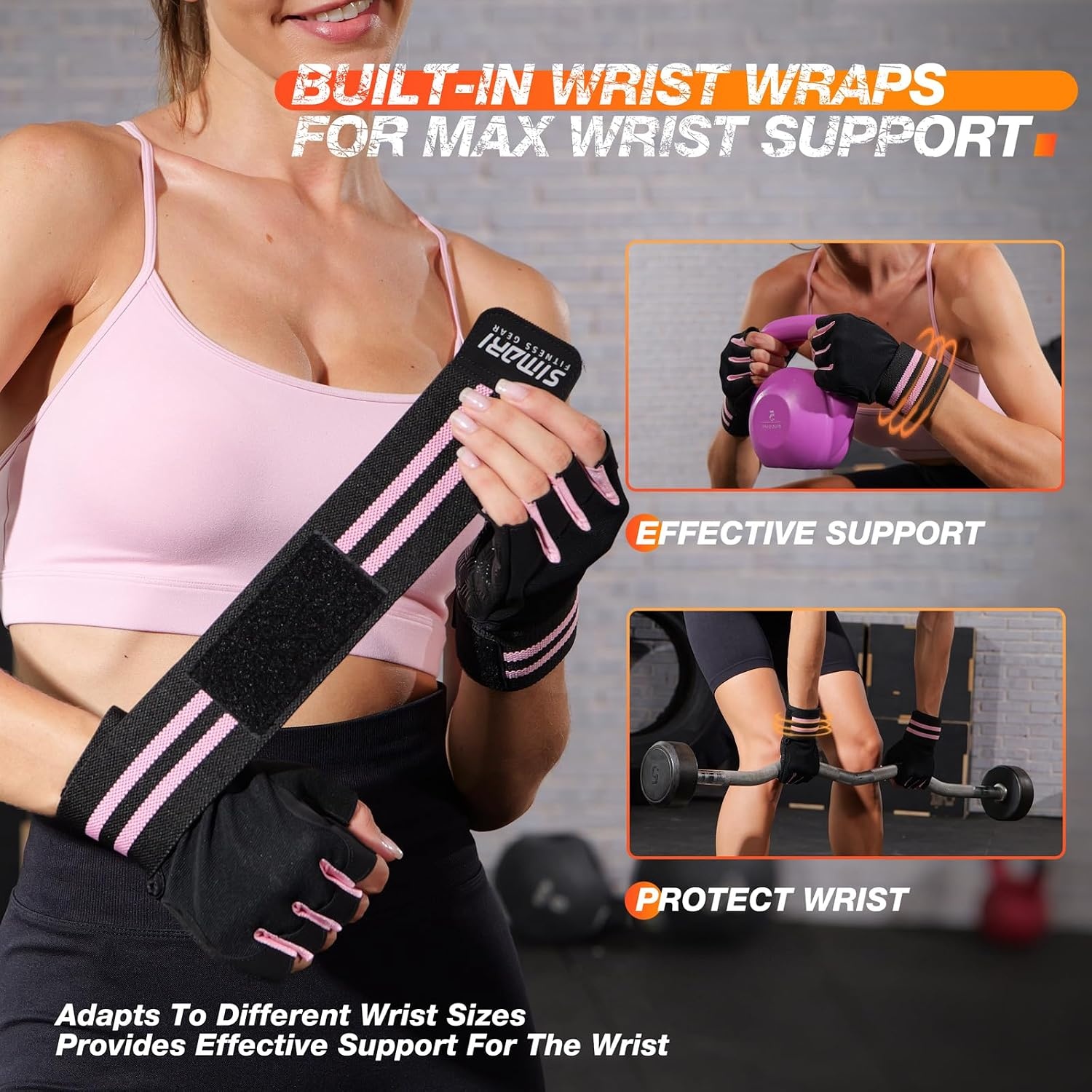 image:imageSIMARI Workout Gym Gloves for Men Women Weight Lifting Gloves with Wrist Wrap Support SBR Pad Grip for Full Palm Protection for Exercise Fitness Dumbbells Barbell Climbing FingerlessPink