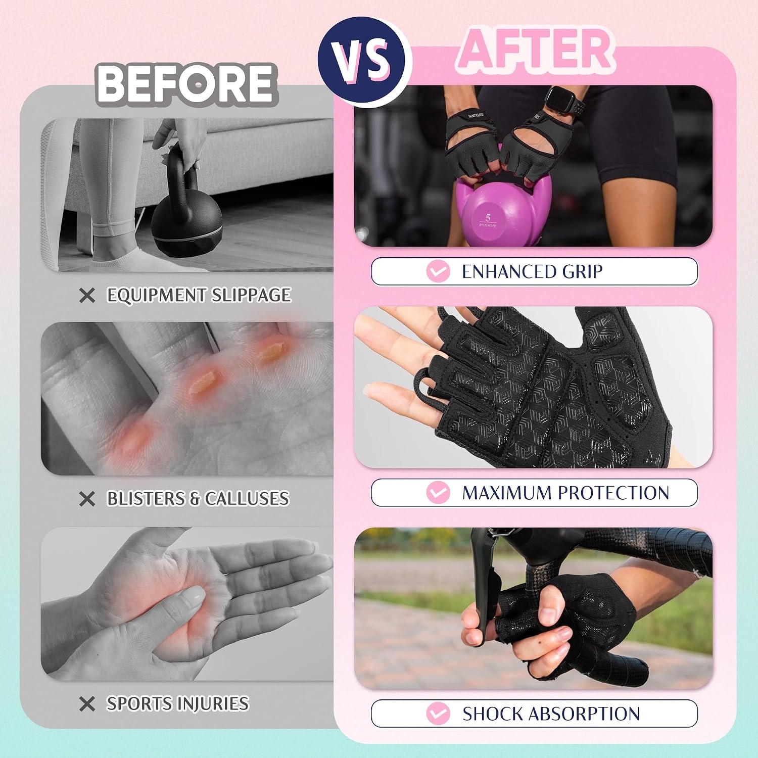 image:imageSIMARI Workout Gym Gloves for Men Women Weight Lifting Gloves with Wrist Wrap Support SBR Pad Grip for Full Palm Protection for Exercise Fitness Dumbbells Barbell Climbing FingerlessWBlackPink