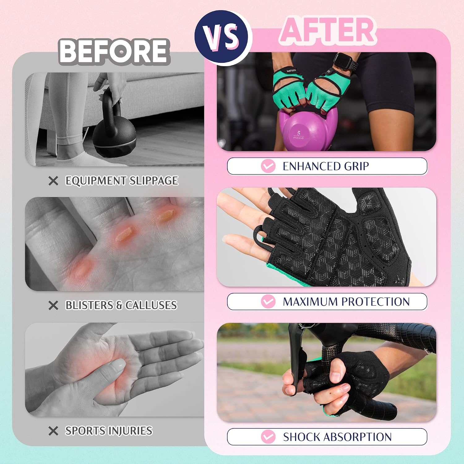 image:imageSIMARI Workout Gym Gloves for Men Women Weight Lifting Gloves with Wrist Wrap Support SBR Pad Grip for Full Palm Protection for Exercise Fitness Dumbbells Barbell Climbing FingerlessXBlackCyan