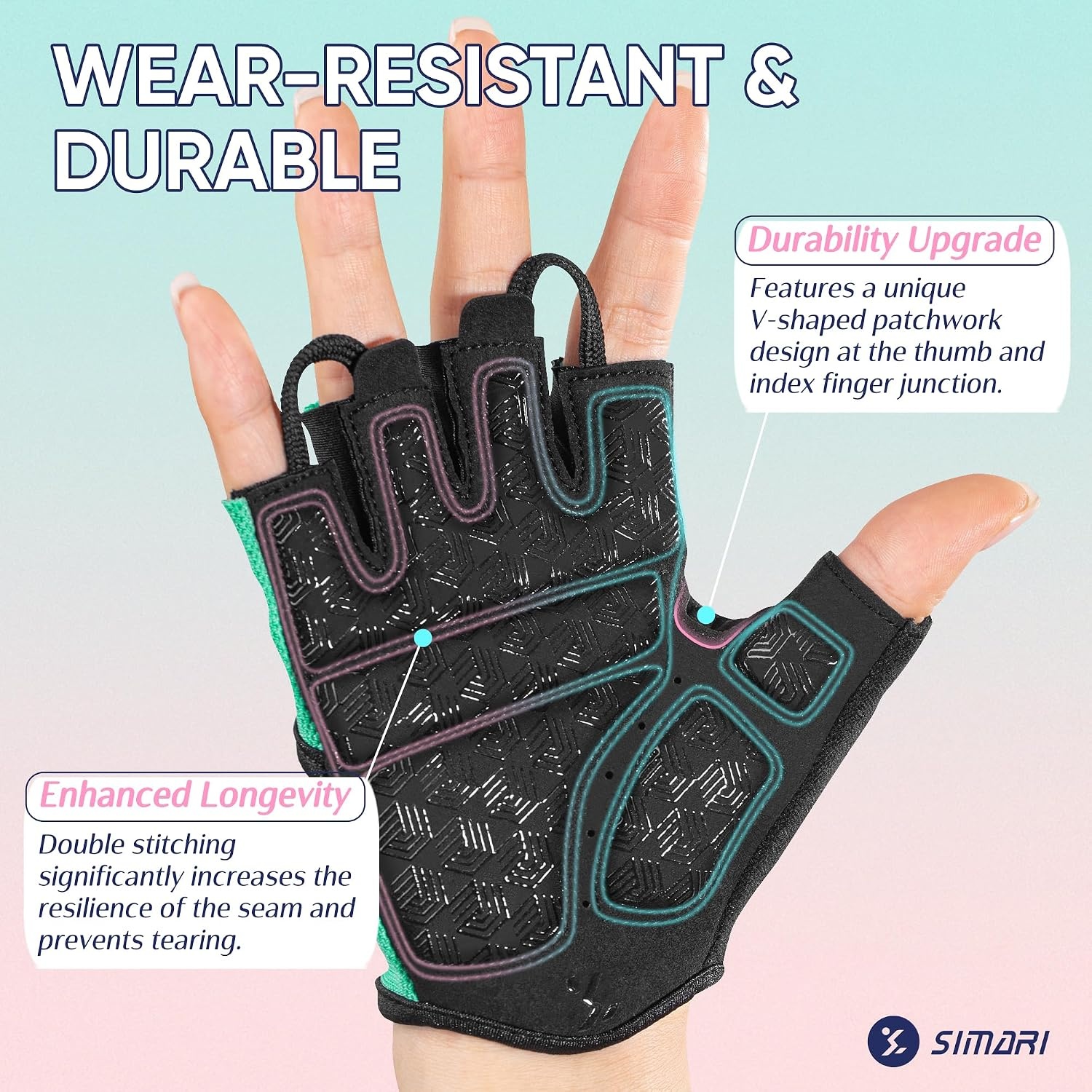 image:imageSIMARI Workout Gym Gloves for Men Women Weight Lifting Gloves with Wrist Wrap Support SBR Pad Grip for Full Palm Protection for Exercise Fitness Dumbbells Barbell Climbing FingerlessXBlackCyan