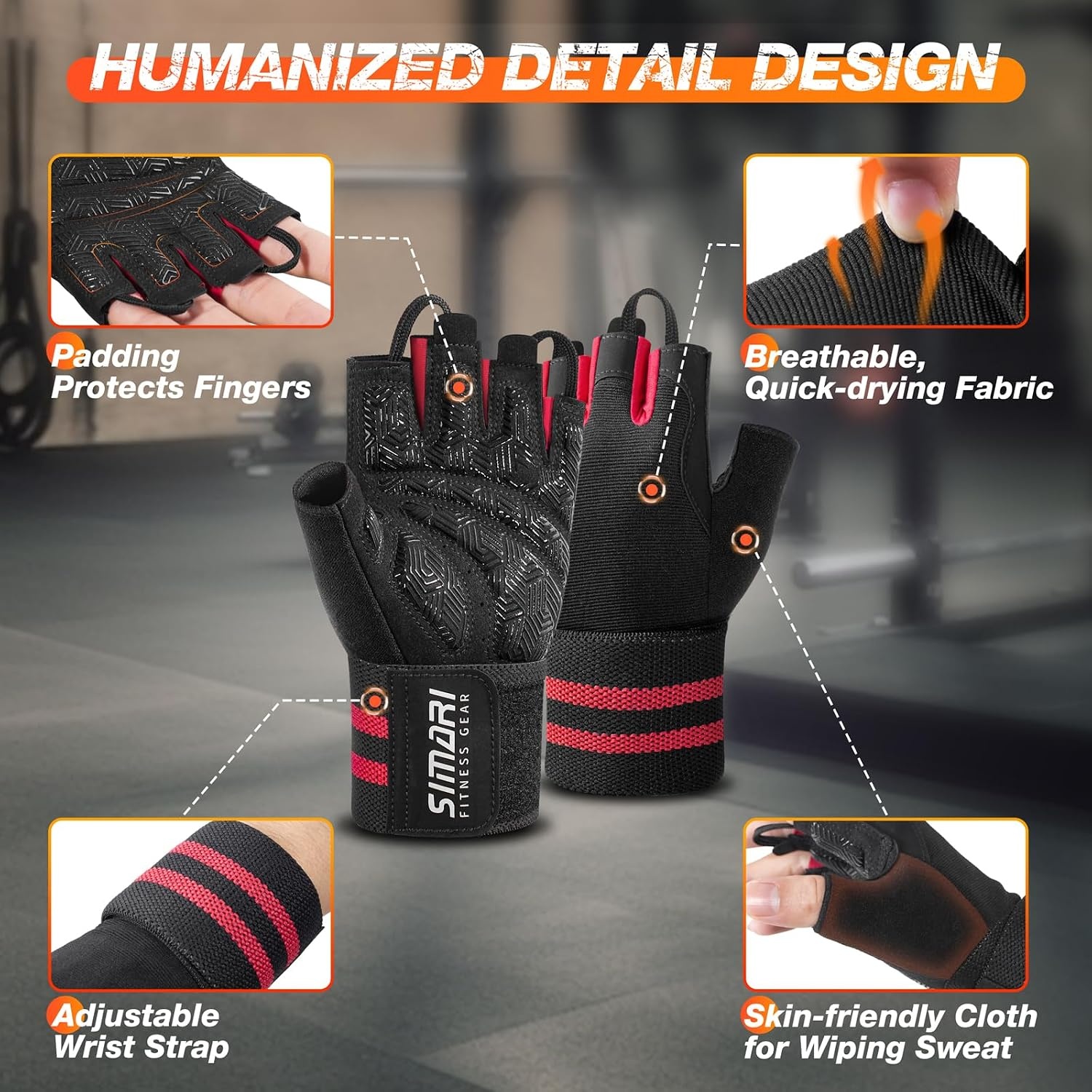 image:imageSIMARI Workout Gym Gloves for Men Women Weight Lifting Gloves with Wrist Wrap Support SBR Pad Grip for Full Palm Protection for Exercise Fitness Dumbbells Barbell Climbing FingerlessRed