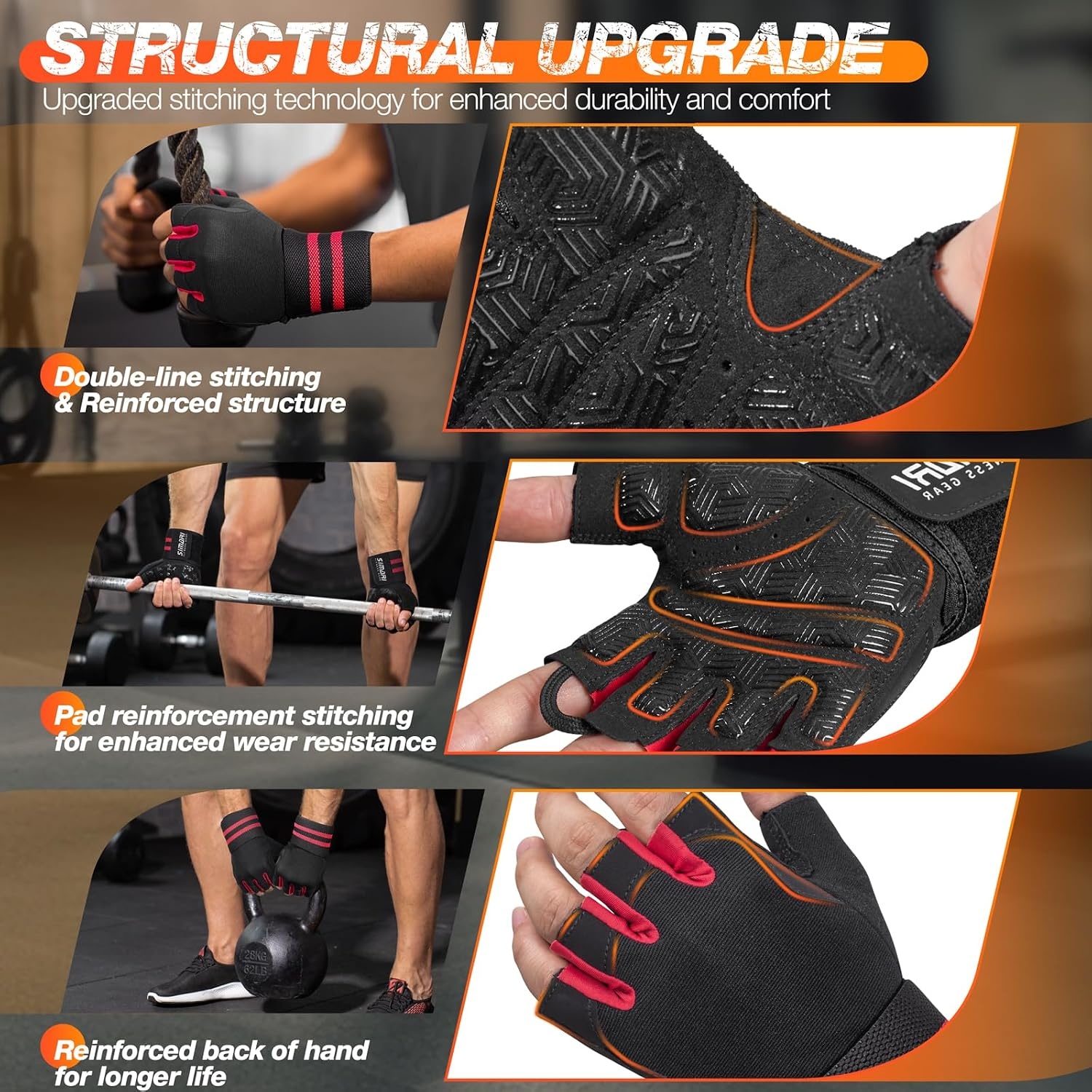 image:imageSIMARI Workout Gym Gloves for Men Women Weight Lifting Gloves with Wrist Wrap Support SBR Pad Grip for Full Palm Protection for Exercise Fitness Dumbbells Barbell Climbing FingerlessRed