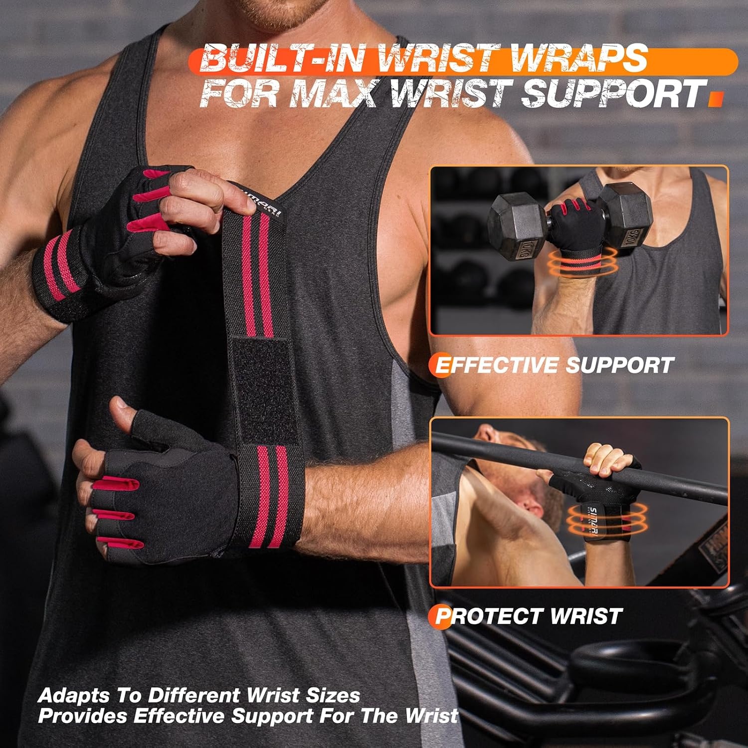 image:imageSIMARI Workout Gym Gloves for Men Women Weight Lifting Gloves with Wrist Wrap Support SBR Pad Grip for Full Palm Protection for Exercise Fitness Dumbbells Barbell Climbing FingerlessRed