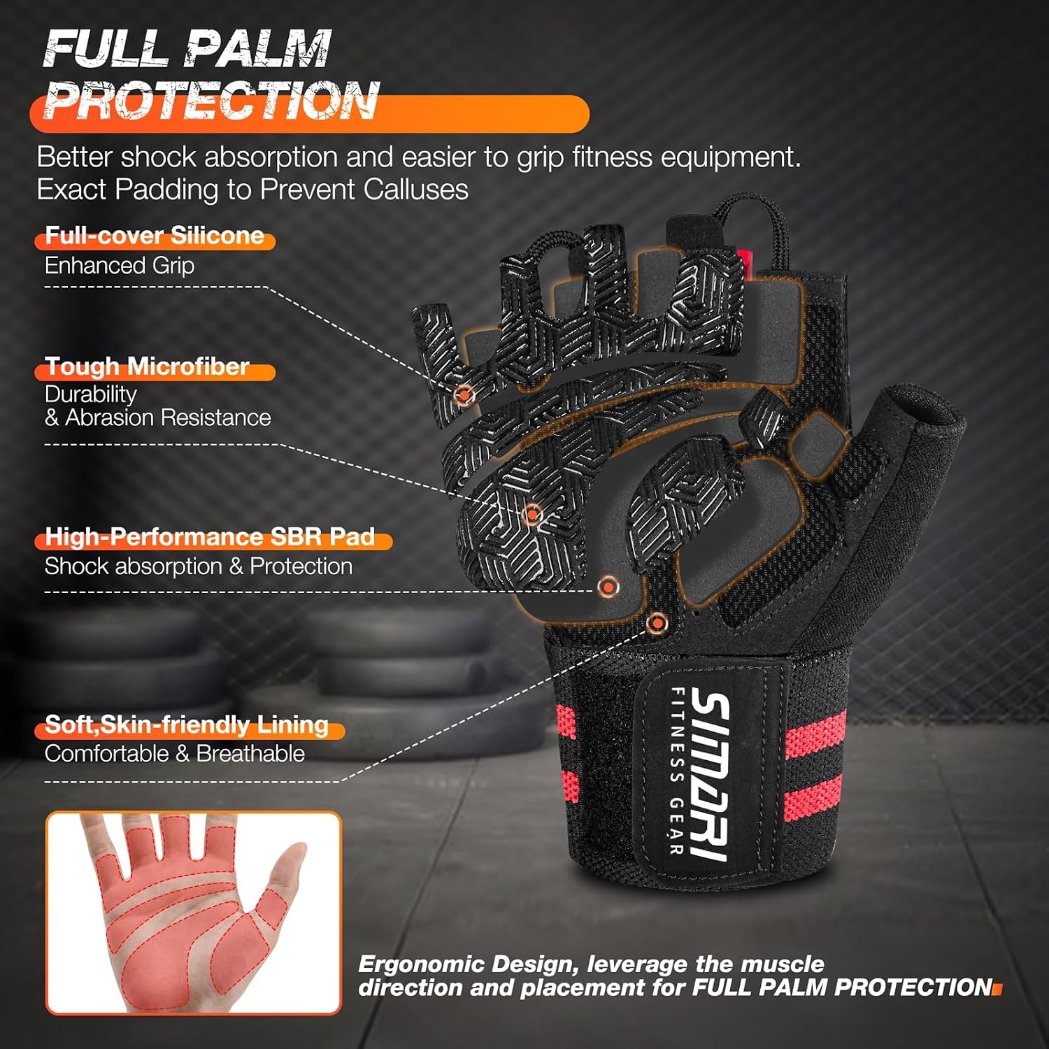 image:imageSIMARI Workout Gym Gloves for Men Women Weight Lifting Gloves with Wrist Wrap Support SBR Pad Grip for Full Palm Protection for Exercise Fitness Dumbbells Barbell Climbing FingerlessRed