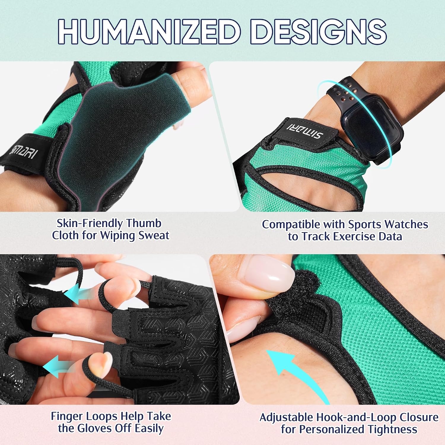 image:imageSIMARI Workout Gym Gloves for Men Women Weight Lifting Gloves with Wrist Wrap Support SBR Pad Grip for Full Palm Protection for Exercise Fitness Dumbbells Barbell Climbing FingerlessUCyan1a