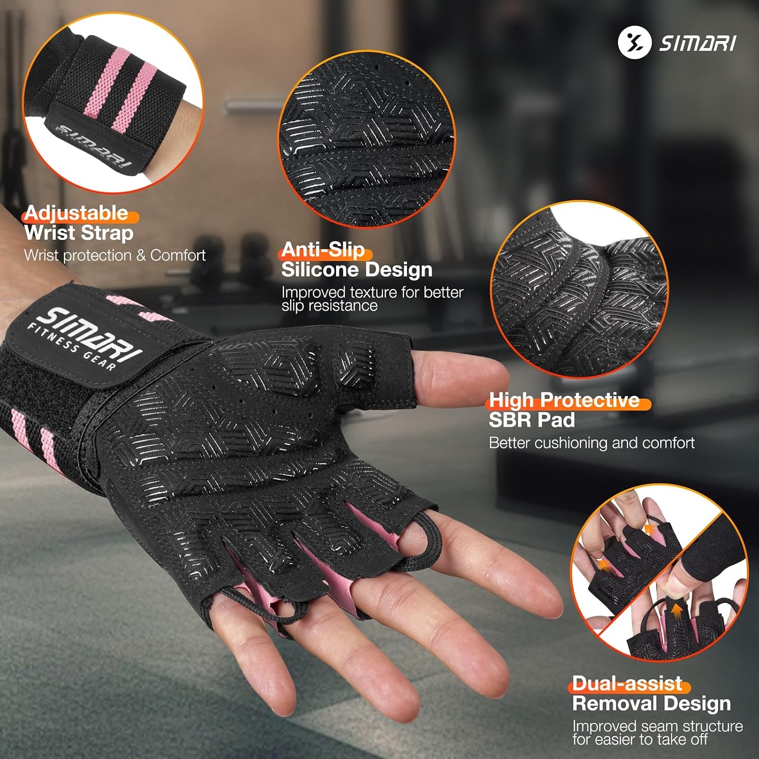 image:imageSIMARI Workout Gym Gloves for Men Women Weight Lifting Gloves with Wrist Wrap Support SBR Pad Grip for Full Palm Protection for Exercise Fitness Dumbbells Barbell Climbing FingerlessPink