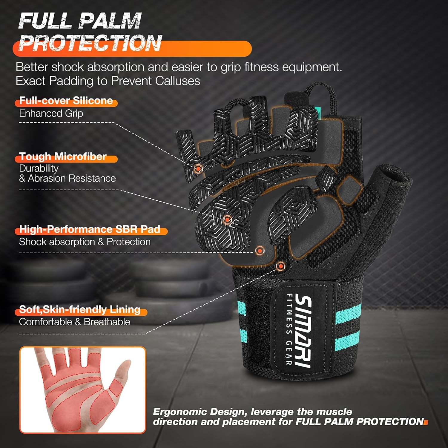 image:imageSIMARI Workout Gym Gloves for Men Women Weight Lifting Gloves with Wrist Wrap Support SBR Pad Grip for Full Palm Protection for Exercise Fitness Dumbbells Barbell Climbing FingerlessCyan