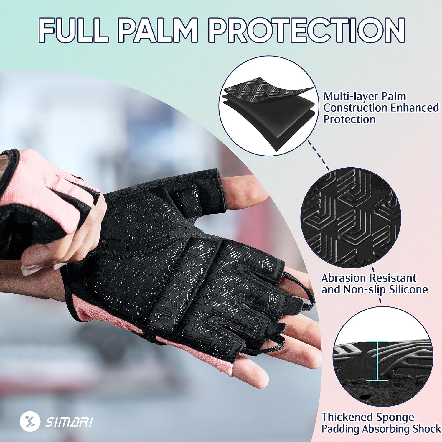 image:imageSIMARI Workout Gym Gloves for Men Women Weight Lifting Gloves with Wrist Wrap Support SBR Pad Grip for Full Palm Protection for Exercise Fitness Dumbbells Barbell Climbing FingerlessSPink1a