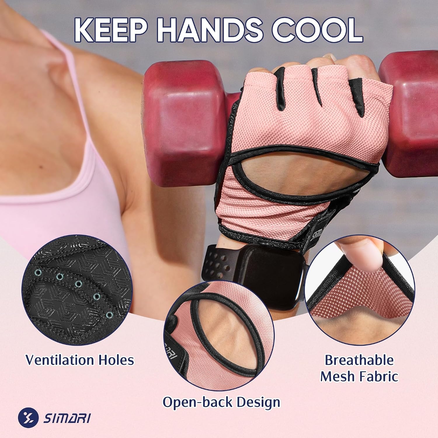 image:imageSIMARI Workout Gym Gloves for Men Women Weight Lifting Gloves with Wrist Wrap Support SBR Pad Grip for Full Palm Protection for Exercise Fitness Dumbbells Barbell Climbing FingerlessWBlackPink