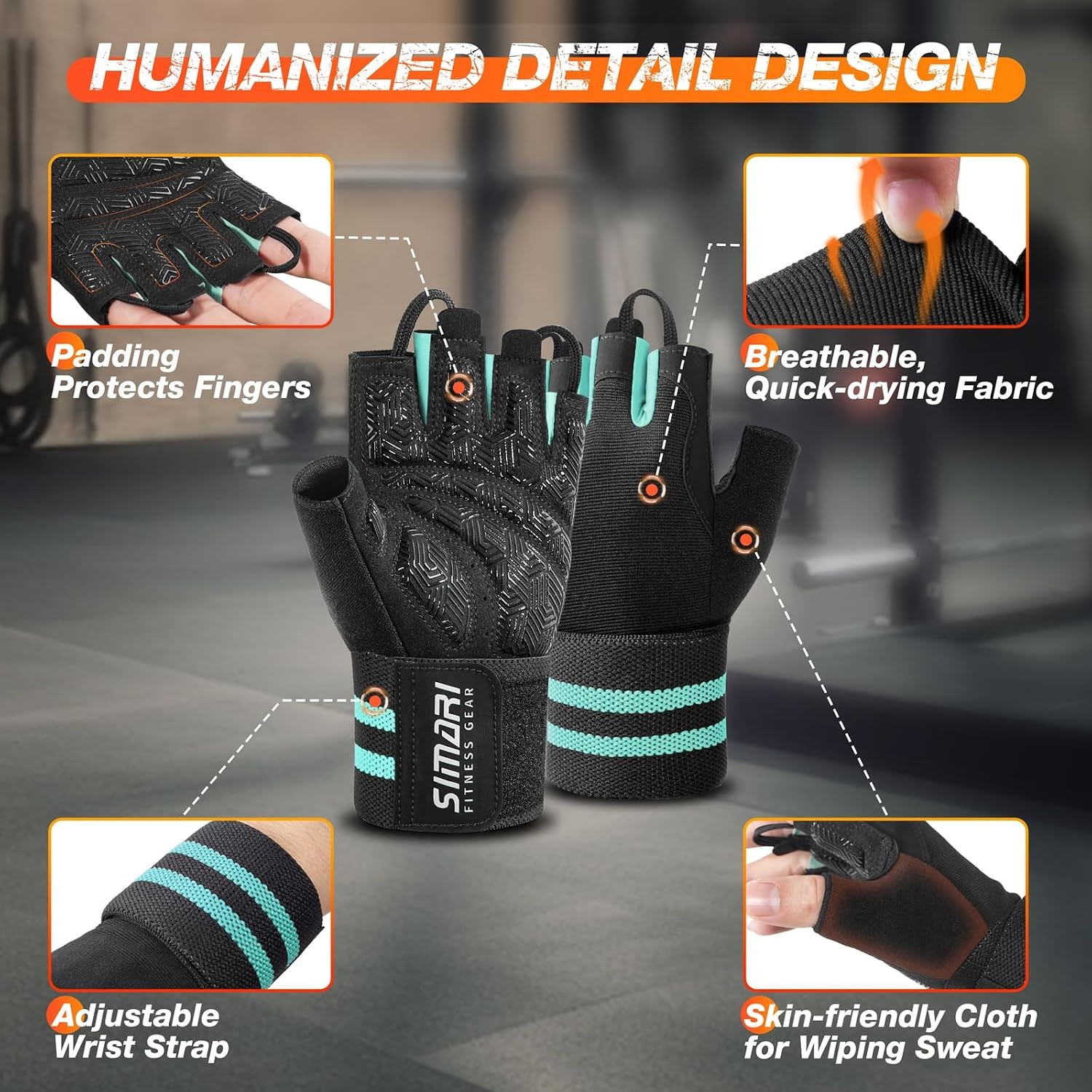 image:imageSIMARI Workout Gym Gloves for Men Women Weight Lifting Gloves with Wrist Wrap Support SBR Pad Grip for Full Palm Protection for Exercise Fitness Dumbbells Barbell Climbing FingerlessCyan