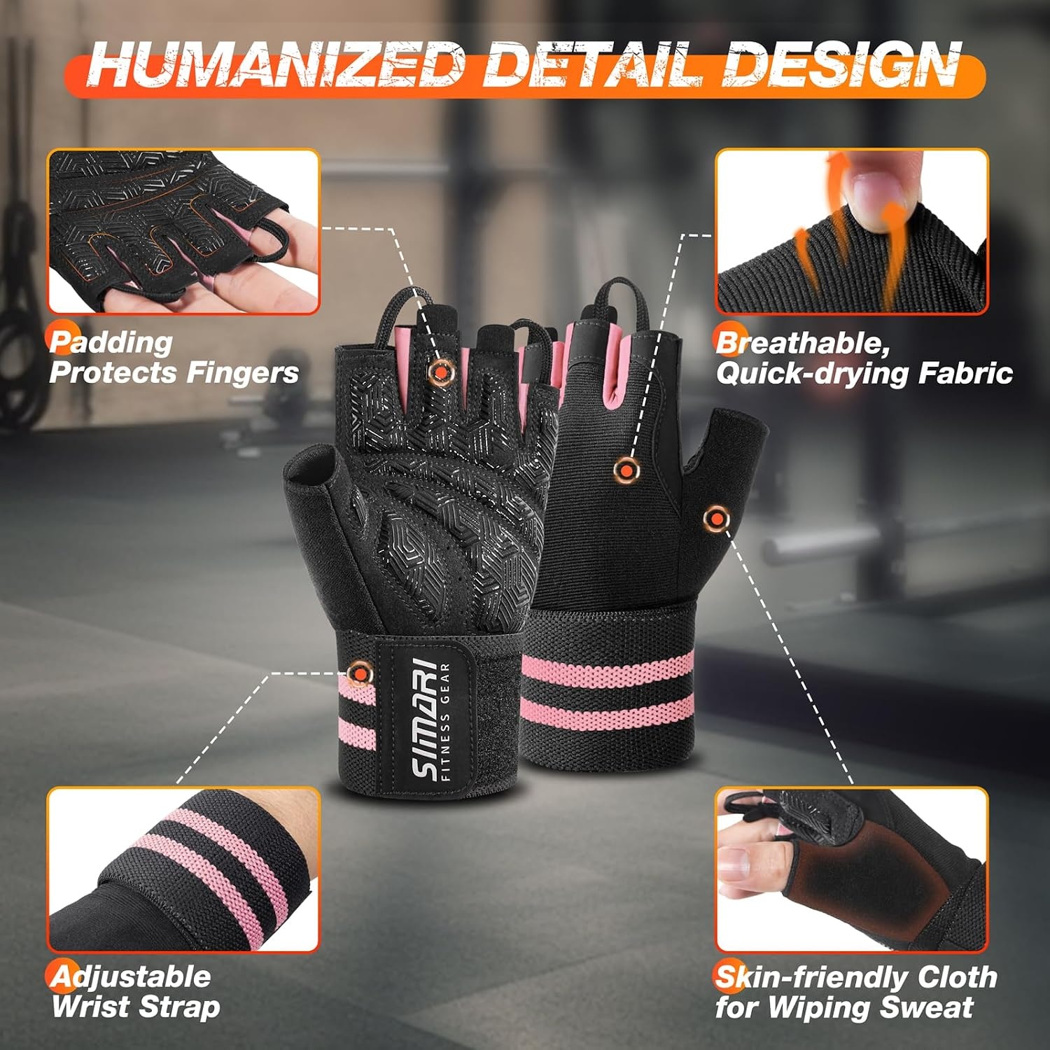 image:imageSIMARI Workout Gym Gloves for Men Women Weight Lifting Gloves with Wrist Wrap Support SBR Pad Grip for Full Palm Protection for Exercise Fitness Dumbbells Barbell Climbing FingerlessPink