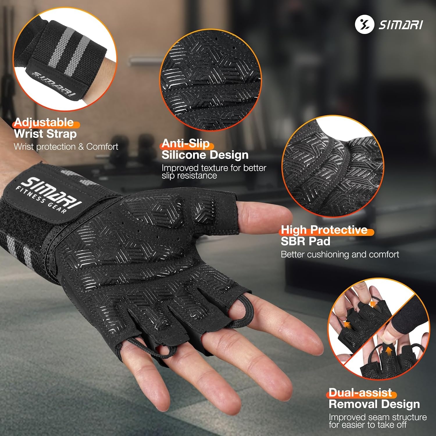 image:imageSIMARI Workout Gym Gloves for Men Women Weight Lifting Gloves with Wrist Wrap Support SBR Pad Grip for Full Palm Protection for Exercise Fitness Dumbbells Barbell Climbing FingerlessBlack