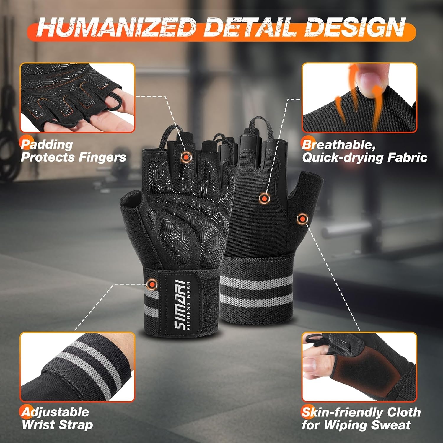 image:imageSIMARI Workout Gym Gloves for Men Women Weight Lifting Gloves with Wrist Wrap Support SBR Pad Grip for Full Palm Protection for Exercise Fitness Dumbbells Barbell Climbing FingerlessBlack