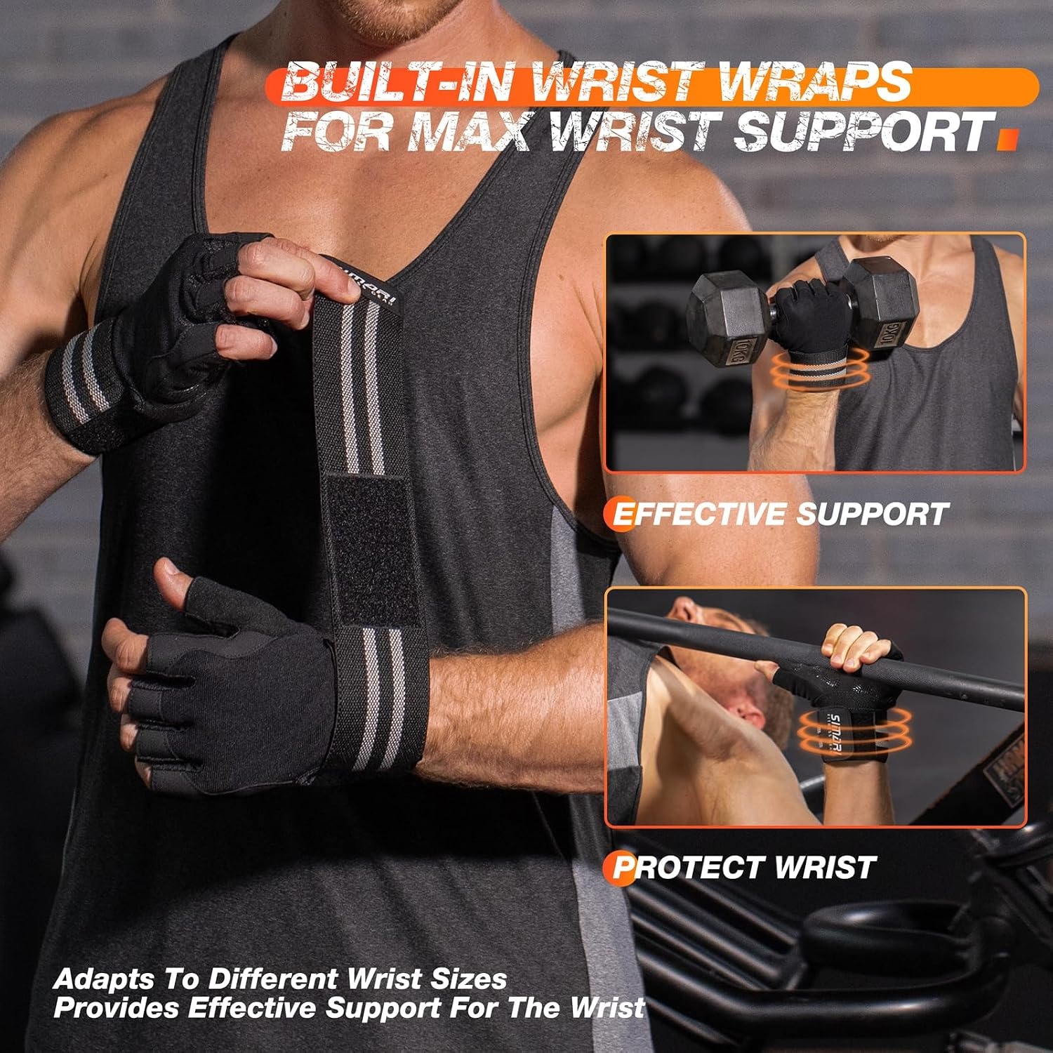 image:imageSIMARI Workout Gym Gloves for Men Women Weight Lifting Gloves with Wrist Wrap Support SBR Pad Grip for Full Palm Protection for Exercise Fitness Dumbbells Barbell Climbing FingerlessBlack