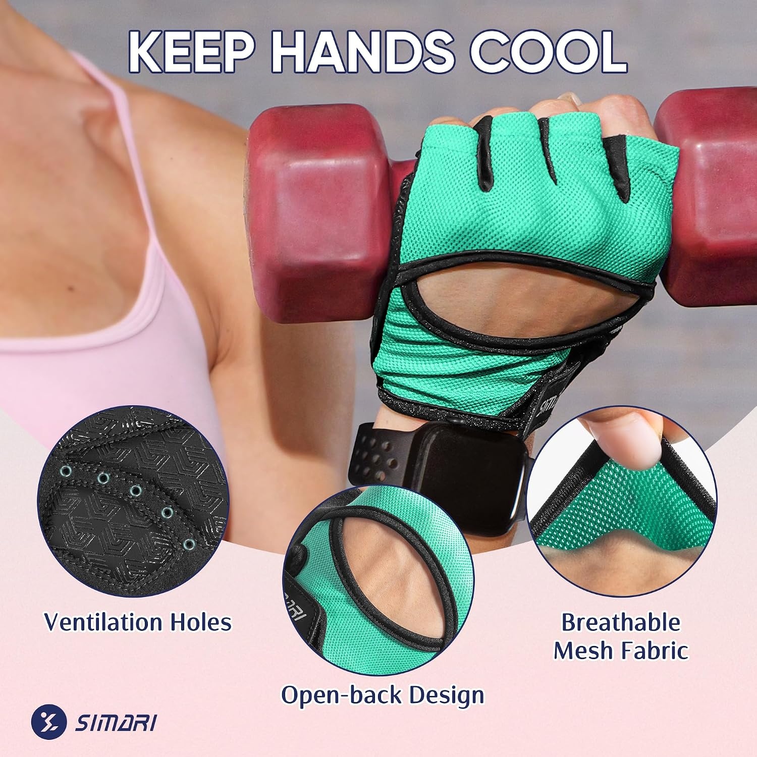 image:imageSIMARI Workout Gym Gloves for Men Women Weight Lifting Gloves with Wrist Wrap Support SBR Pad Grip for Full Palm Protection for Exercise Fitness Dumbbells Barbell Climbing FingerlessXBlackCyan