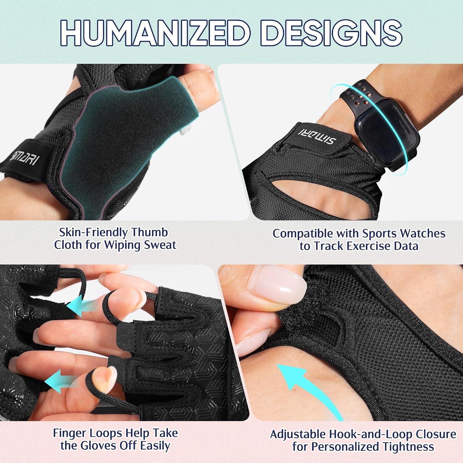 image:imageSIMARI Workout Gym Gloves for Men Women Weight Lifting Gloves with Wrist Wrap Support SBR Pad Grip for Full Palm Protection for Exercise Fitness Dumbbells Barbell Climbing FingerlessTBlack1a