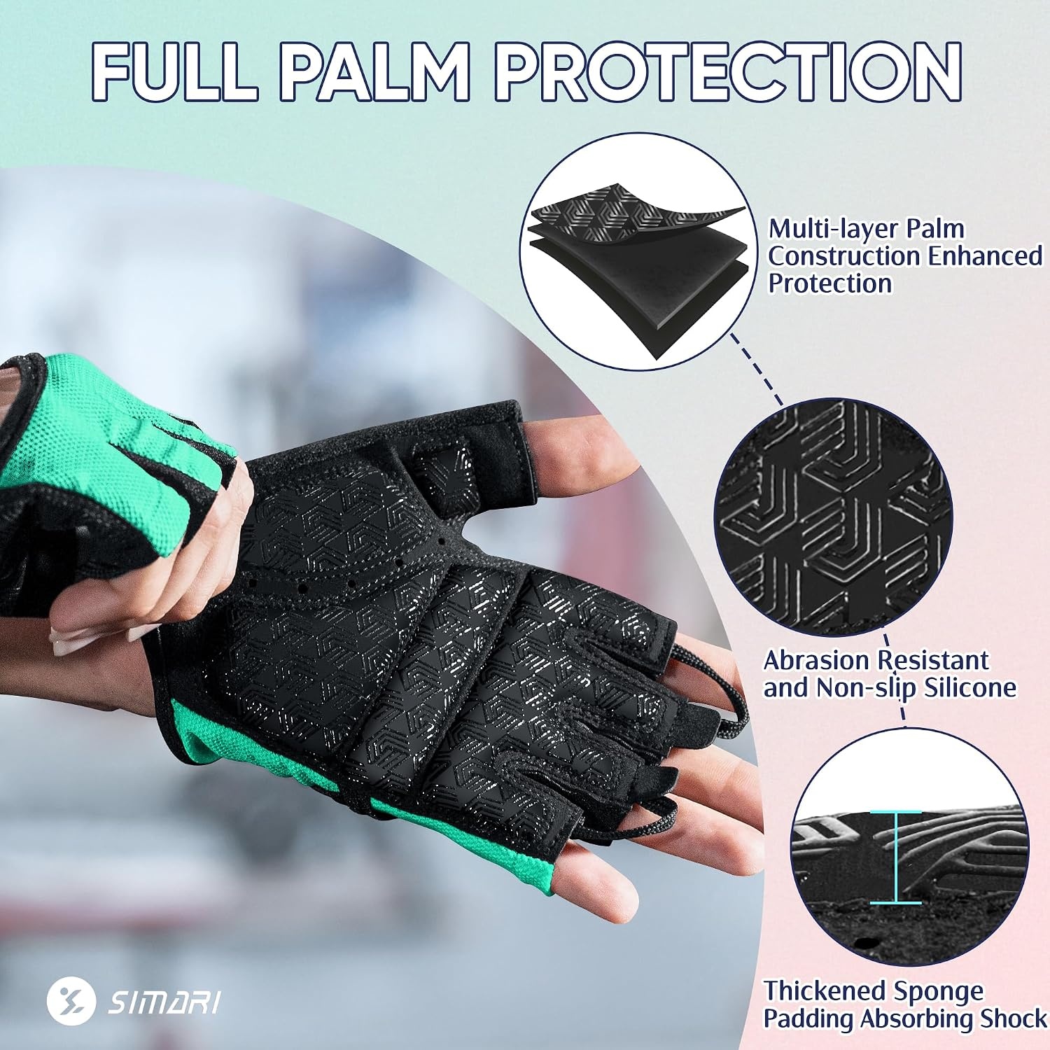 image:imageSIMARI Workout Gym Gloves for Men Women Weight Lifting Gloves with Wrist Wrap Support SBR Pad Grip for Full Palm Protection for Exercise Fitness Dumbbells Barbell Climbing FingerlessUCyan1a