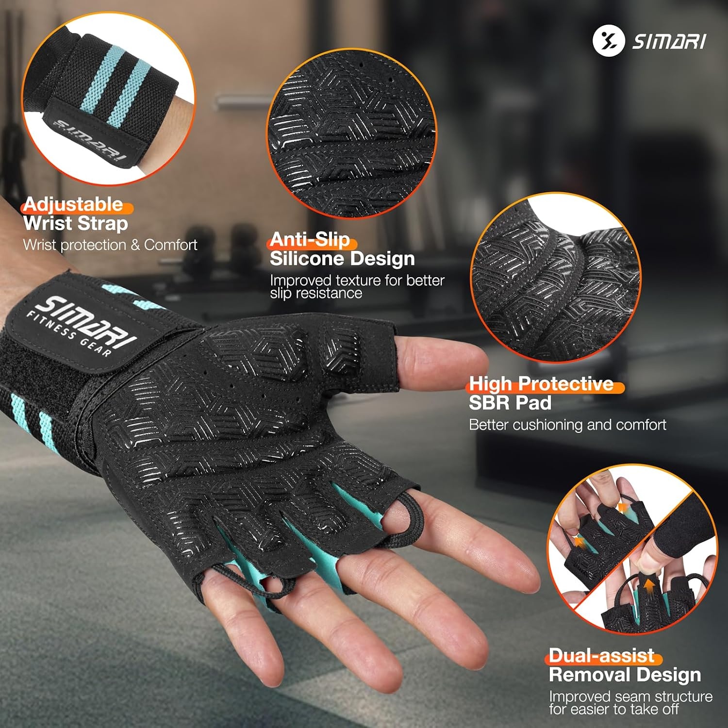 image:imageSIMARI Workout Gym Gloves for Men Women Weight Lifting Gloves with Wrist Wrap Support SBR Pad Grip for Full Palm Protection for Exercise Fitness Dumbbells Barbell Climbing FingerlessCyan