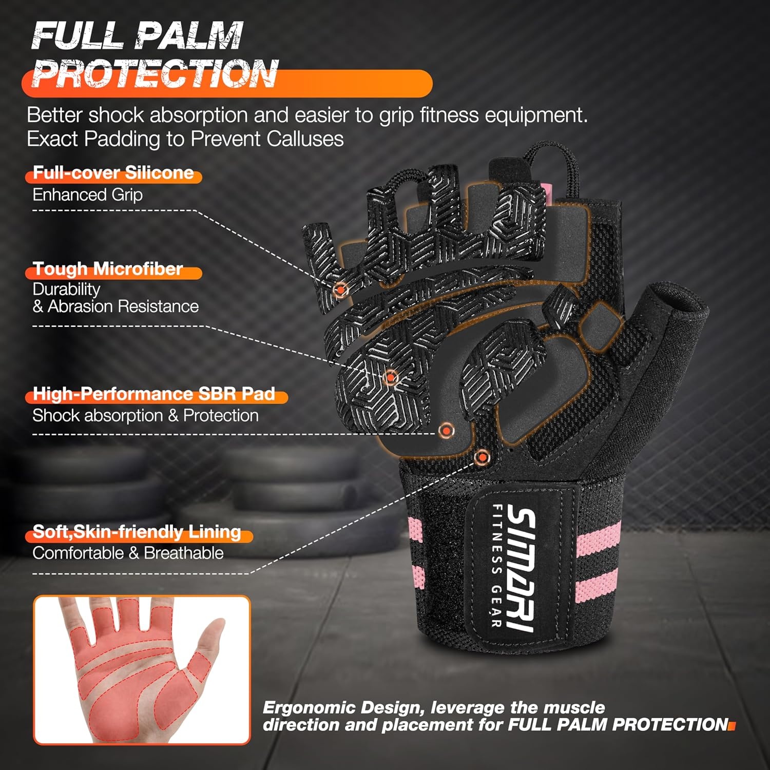 image:imageSIMARI Workout Gym Gloves for Men Women Weight Lifting Gloves with Wrist Wrap Support SBR Pad Grip for Full Palm Protection for Exercise Fitness Dumbbells Barbell Climbing FingerlessPink