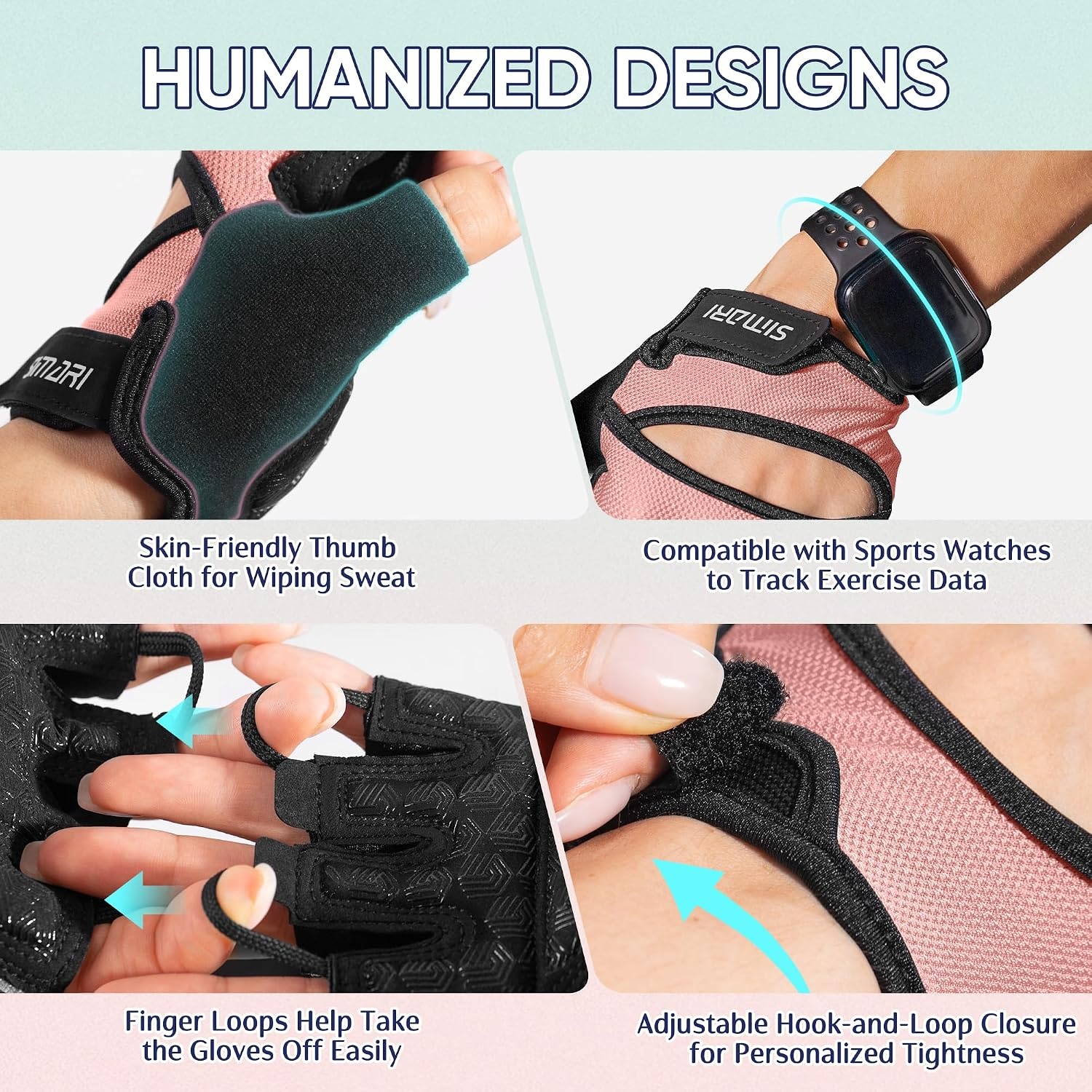 image:imageSIMARI Workout Gym Gloves for Men Women Weight Lifting Gloves with Wrist Wrap Support SBR Pad Grip for Full Palm Protection for Exercise Fitness Dumbbells Barbell Climbing FingerlessWBlackPink
