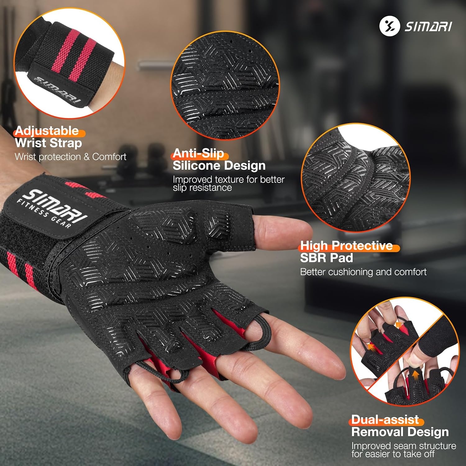 image:imageSIMARI Workout Gym Gloves for Men Women Weight Lifting Gloves with Wrist Wrap Support SBR Pad Grip for Full Palm Protection for Exercise Fitness Dumbbells Barbell Climbing FingerlessRed
