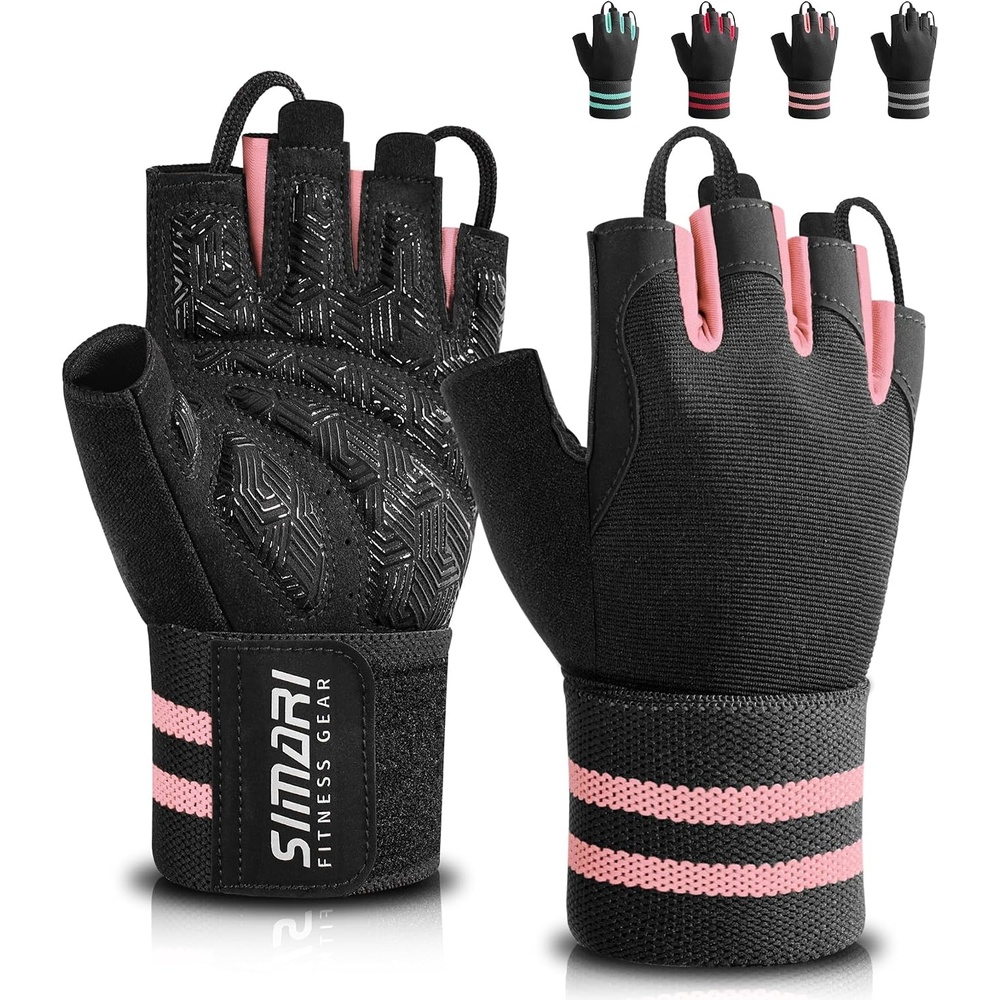image:imageSIMARI Workout Gym Gloves for Men Women Weight Lifting Gloves with Wrist Wrap Support SBR Pad Grip for Full Palm Protection for Exercise Fitness Dumbbells Barbell Climbing FingerlessPink