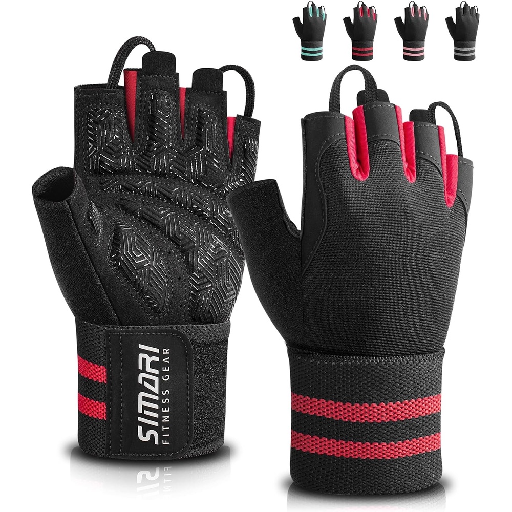 image:imageSIMARI Workout Gym Gloves for Men Women Weight Lifting Gloves with Wrist Wrap Support SBR Pad Grip for Full Palm Protection for Exercise Fitness Dumbbells Barbell Climbing FingerlessRed