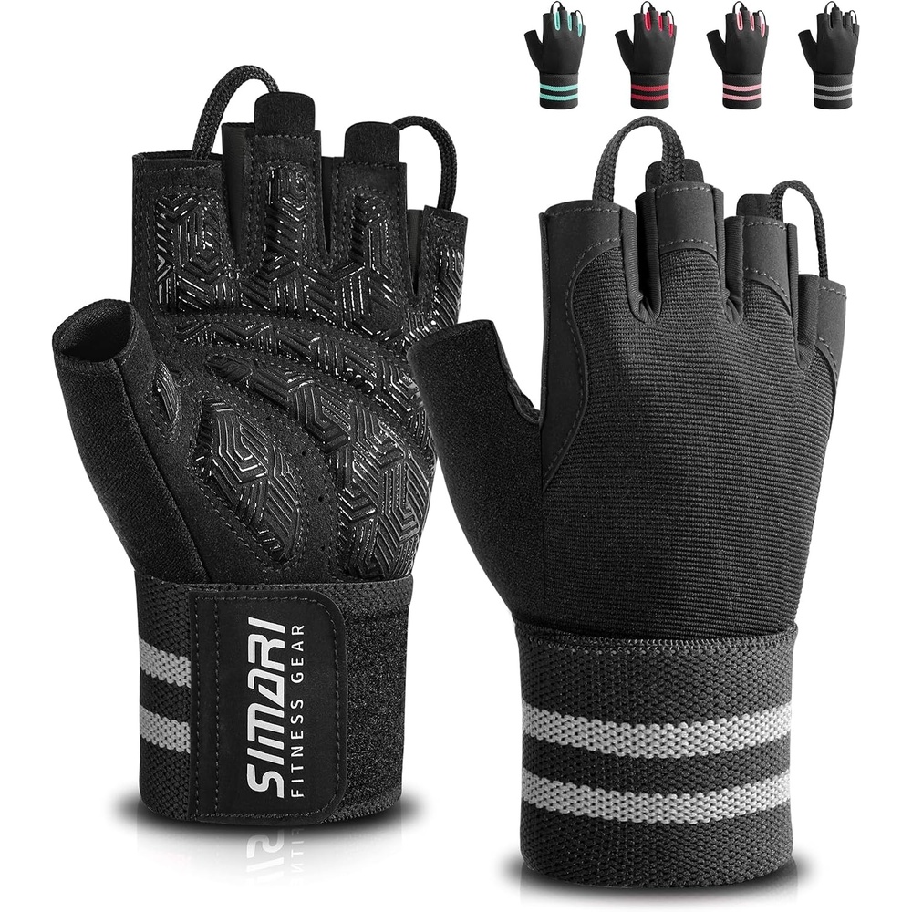 image:imageSIMARI Workout Gym Gloves for Men Women Weight Lifting Gloves with Wrist Wrap Support SBR Pad Grip for Full Palm Protection for Exercise Fitness Dumbbells Barbell Climbing FingerlessBlack
