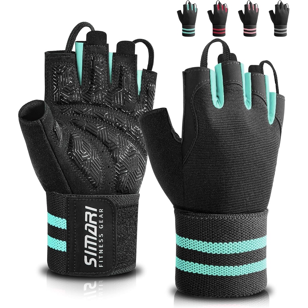 image:imageSIMARI Workout Gym Gloves for Men Women Weight Lifting Gloves with Wrist Wrap Support SBR Pad Grip for Full Palm Protection for Exercise Fitness Dumbbells Barbell Climbing FingerlessCyan