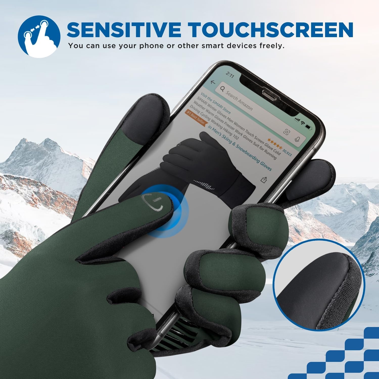 image:imageSIMARI Winter Gloves for Women Men Cold Weather Thermal Touch Screen Ski Snow Glove Liners NonSlip Palm amp Warm Fleece Lined for Running Cycling Driving Hiking Walking Sports Outdoor Texting WorkPine Green