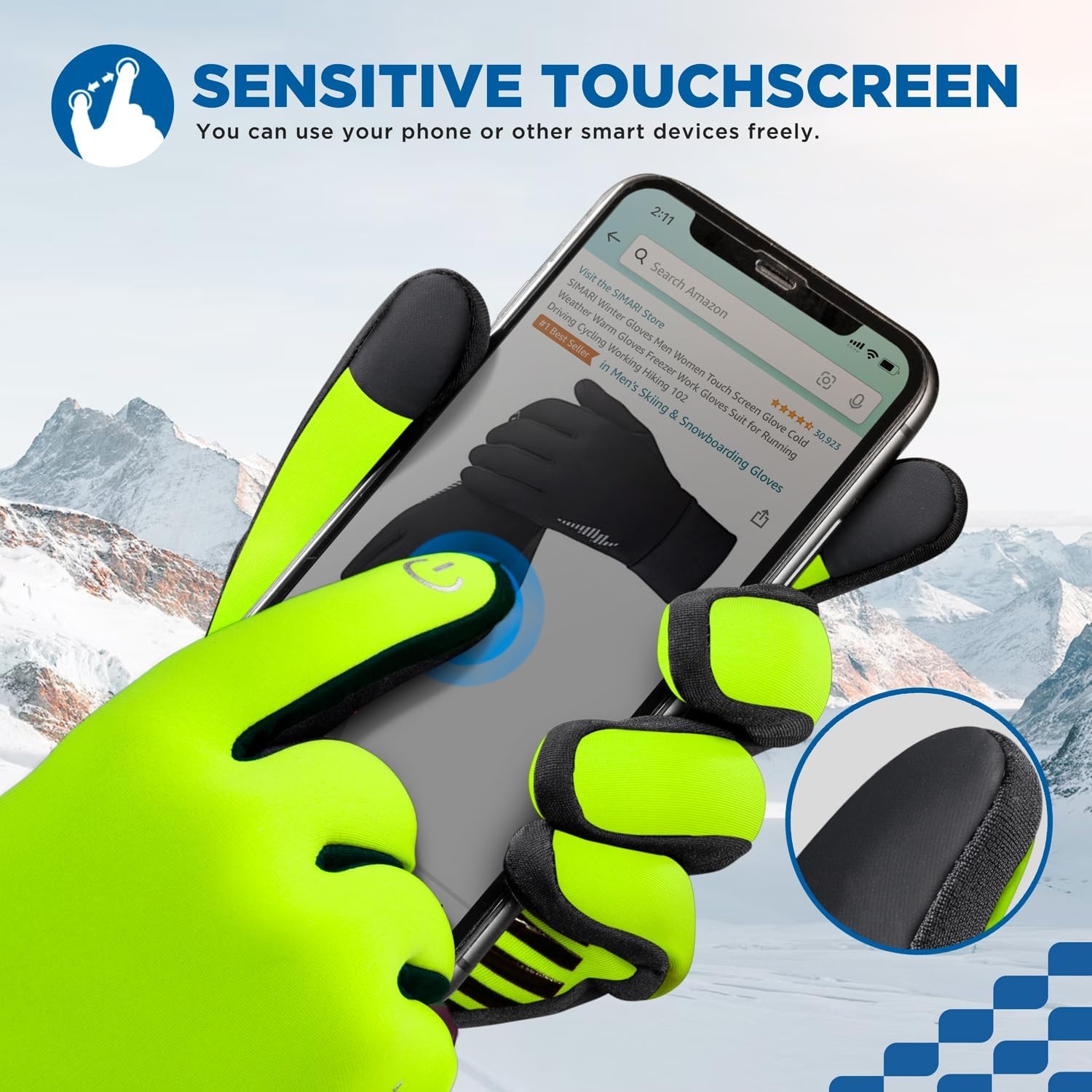 image:imageSIMARI Winter Gloves for Women Men Cold Weather Thermal Touch Screen Ski Snow Glove Liners NonSlip Palm amp Warm Fleece Lined for Running Cycling Driving Hiking Walking Sports Outdoor Texting WorkLightLime