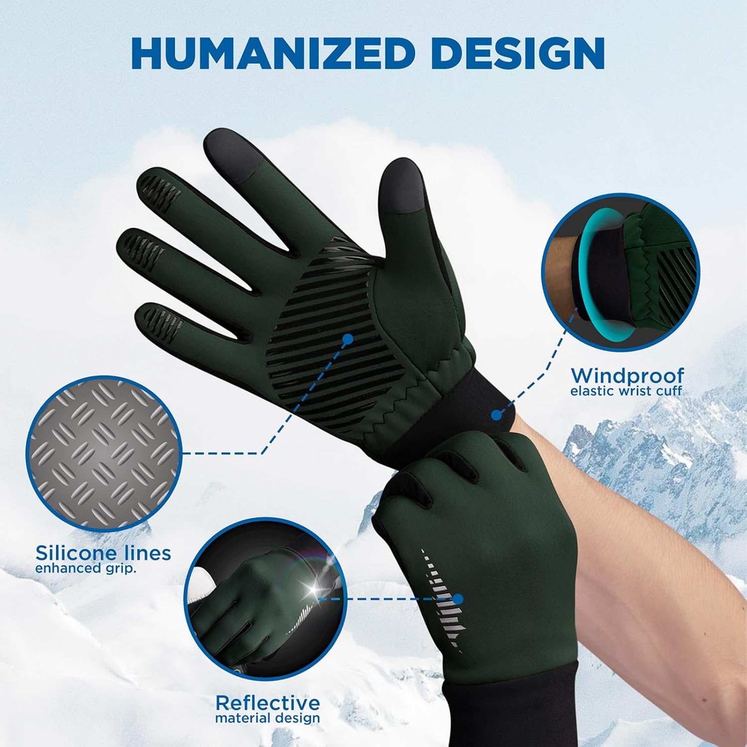 image:imageSIMARI Winter Gloves for Women Men Cold Weather Thermal Touch Screen Ski Snow Glove Liners NonSlip Palm amp Warm Fleece Lined for Running Cycling Driving Hiking Walking Sports Outdoor Texting WorkPine Green